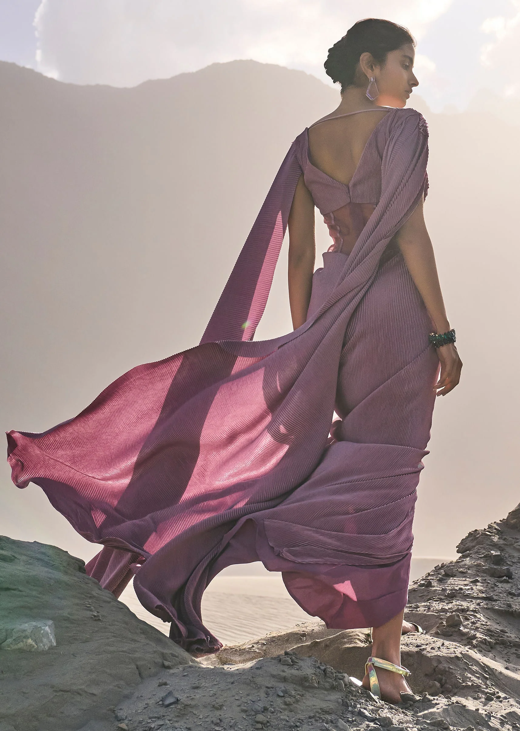 Mauve Embroidered Pre Pleated Drape Gown With Trail On Shoulder - Image 4