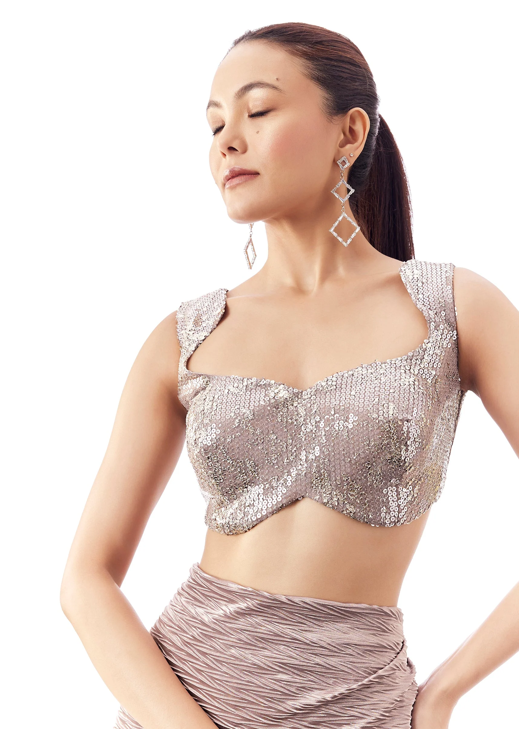 Mauve Fancy Neck Blouse With Broad Shoulder And Back Dori - Image 2