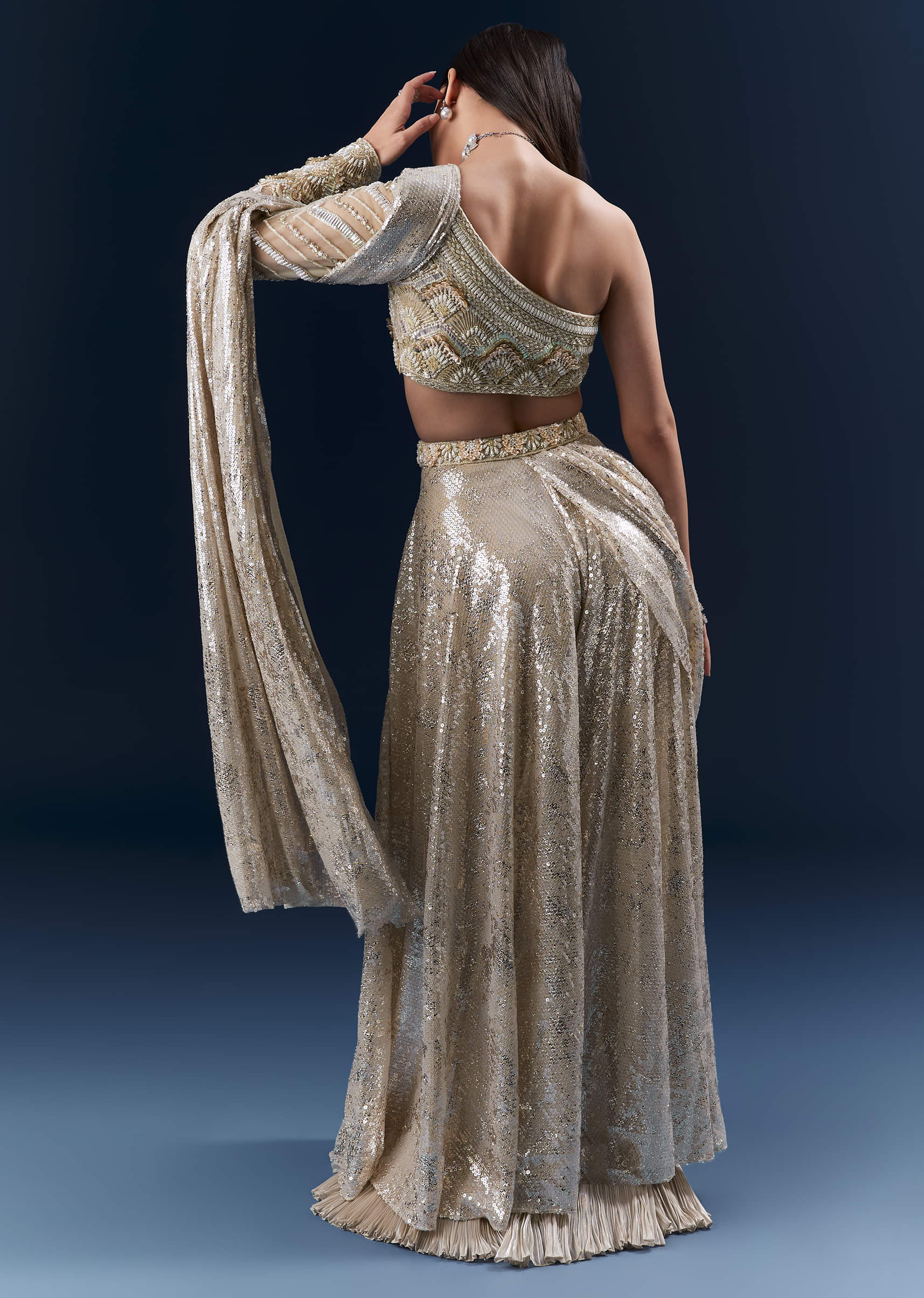 Mauve Imported Sequins Crop Top And Palazzo Pants With Attached Dupatta - Image 2