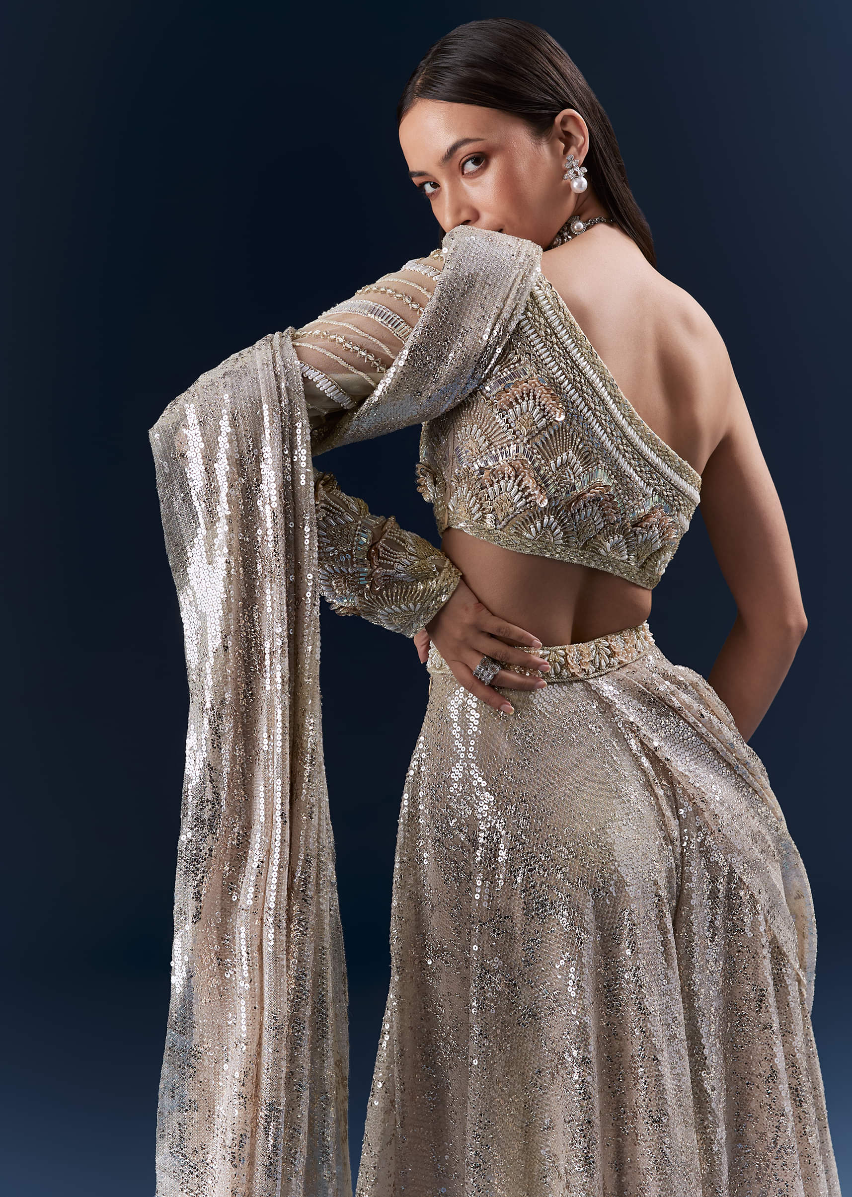 Mauve Imported Sequins Crop Top And Palazzo Pants With Attached Dupatta - Image 6