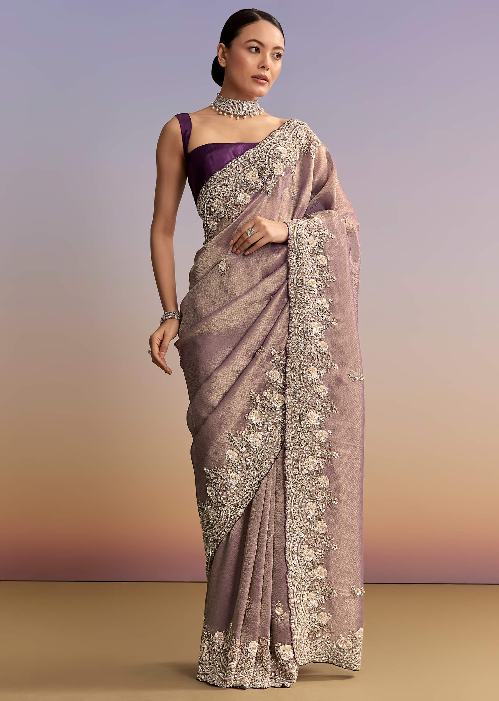 Mauve Jacquard Embroidered Saree With Floral Border - Image 3