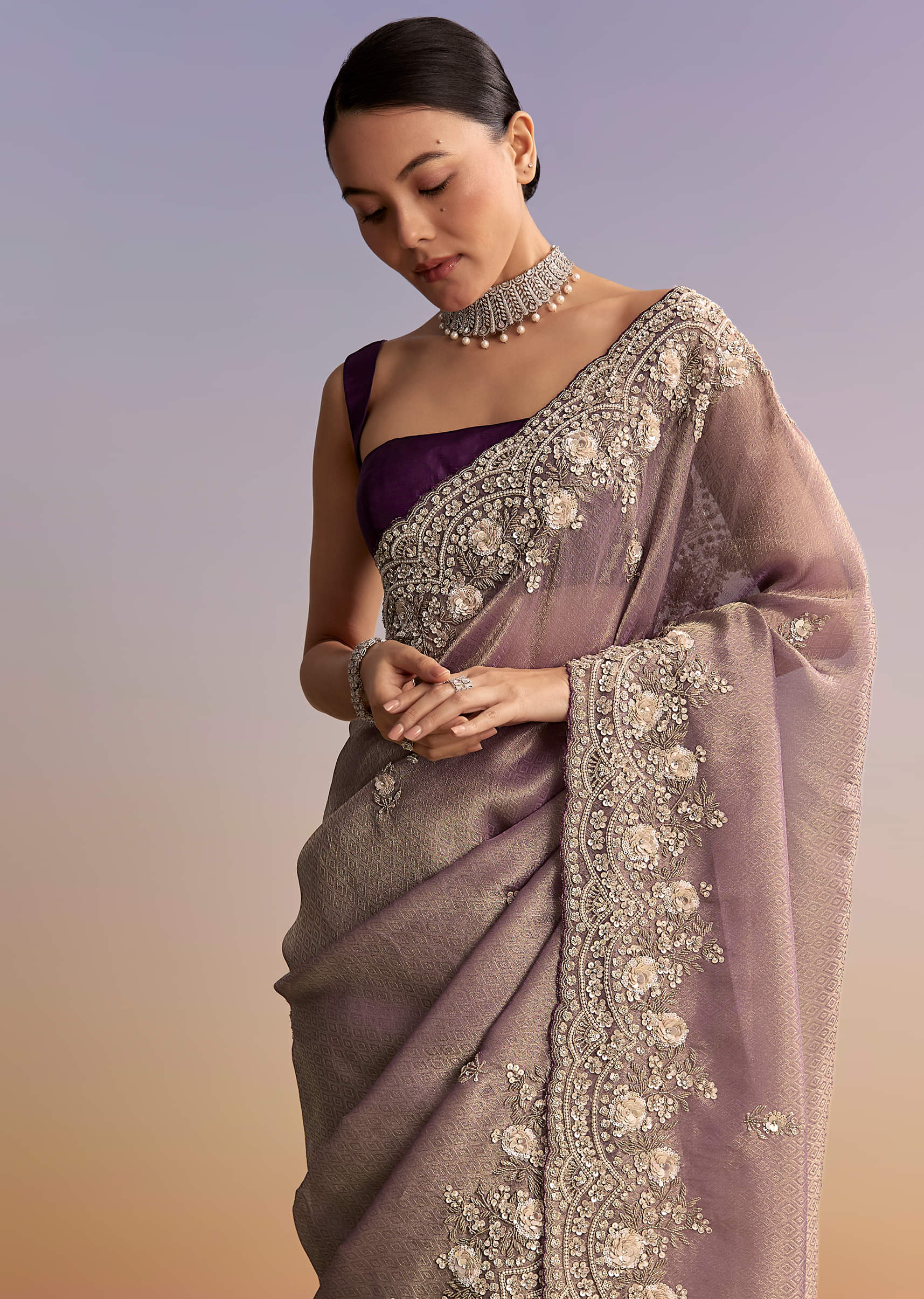 Mauve Jacquard Embroidered Saree With Floral Border - Image 5