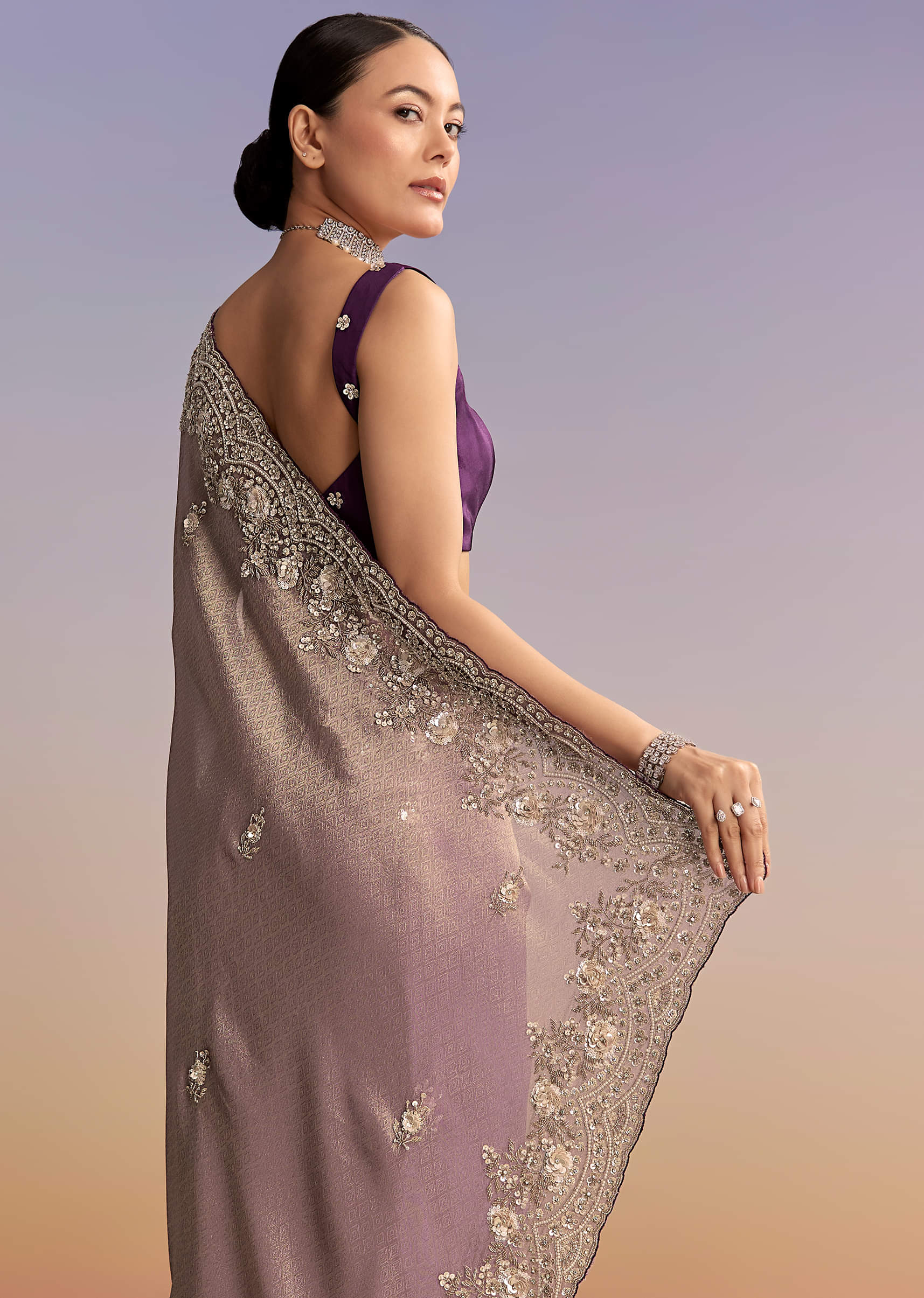 Mauve Jacquard Embroidered Saree With Floral Border - Image 6