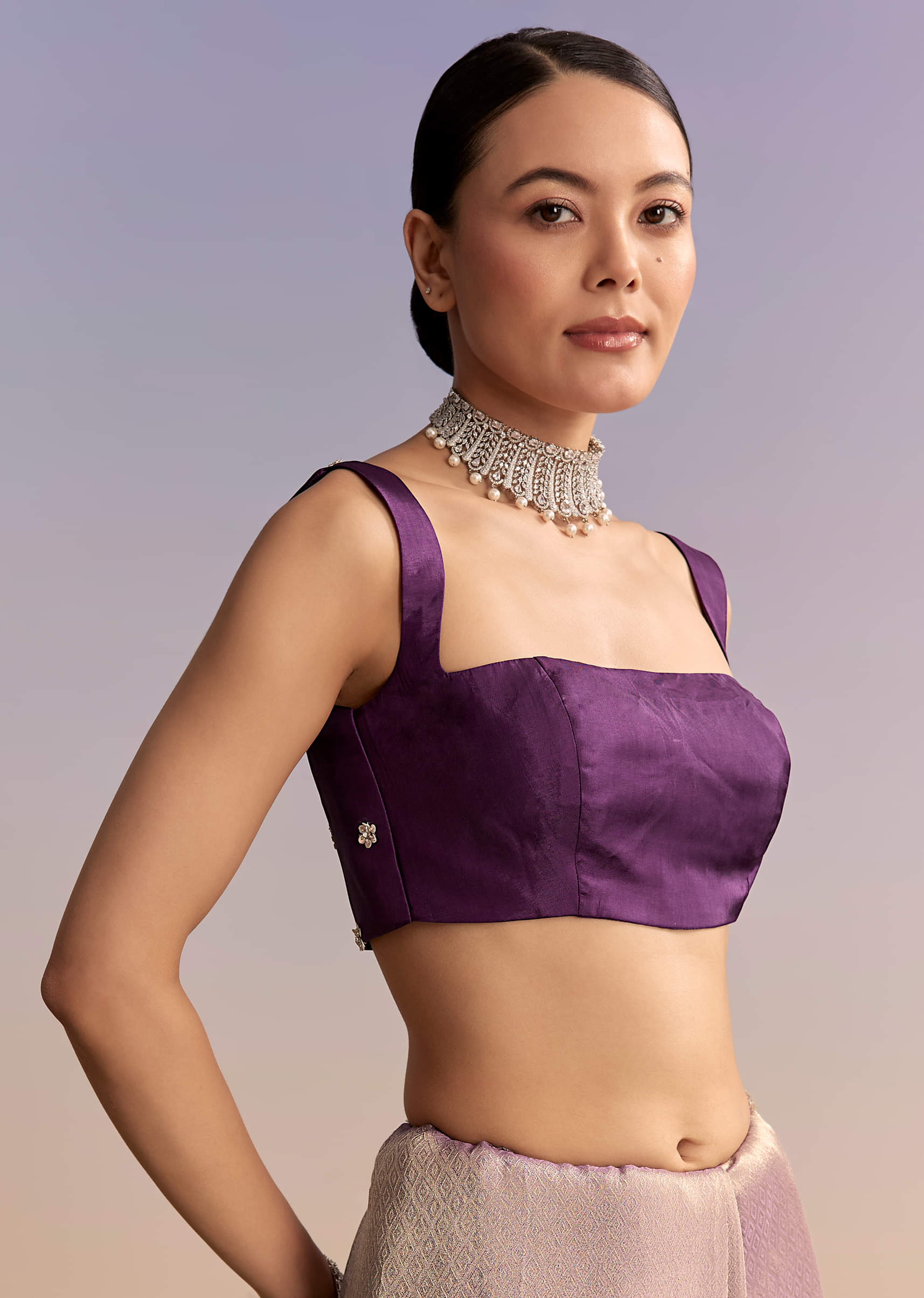 Mauve Jacquard Embroidered Saree With Floral Border - Image 7
