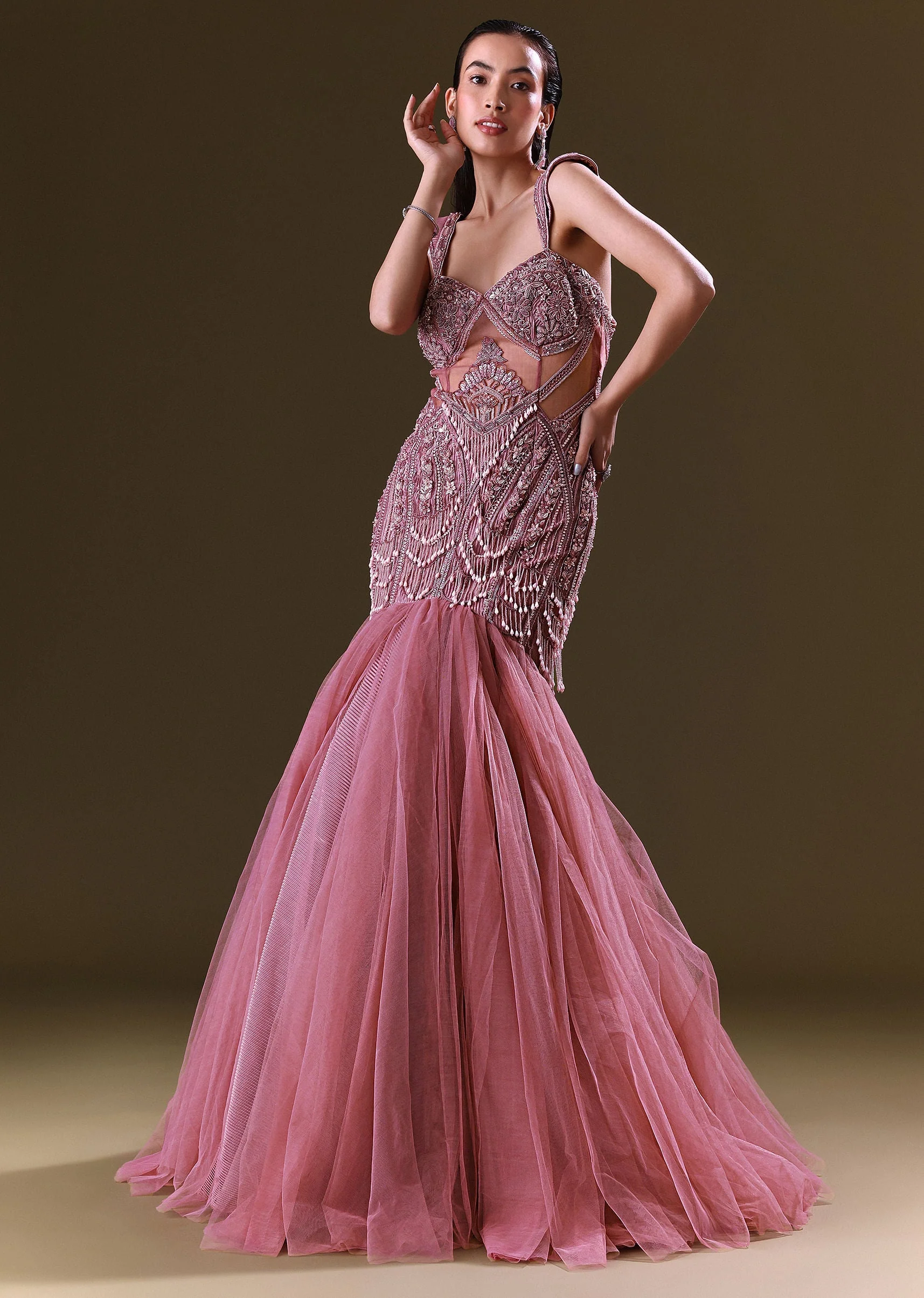 Mauve Mermaid Fit Gown With Tassel Detailing And Gathering At Bottom - Image 3