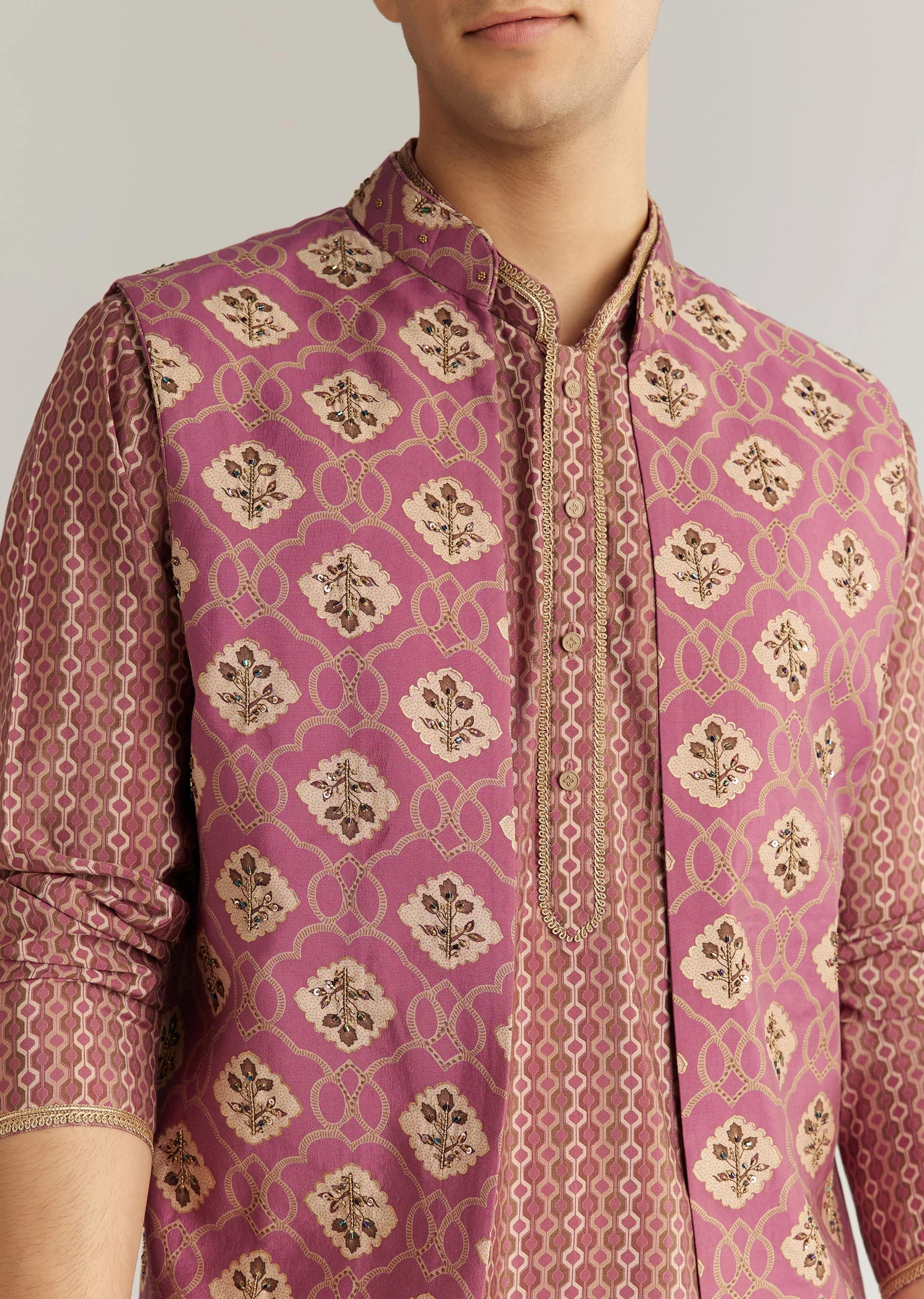 Mauve Modal Chanderi Cutdana Sequins Kurta Jacket Set - Image 3