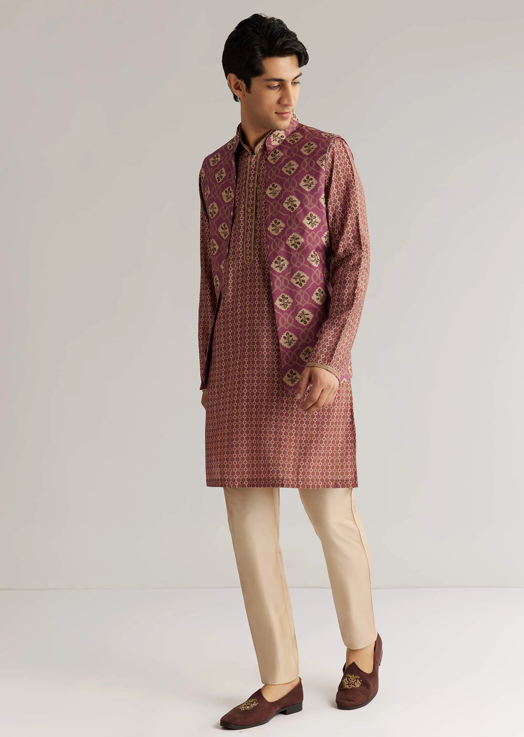 Mauve Modal Chanderi Cutdana Sequins Kurta Jacket Set - Image 4
