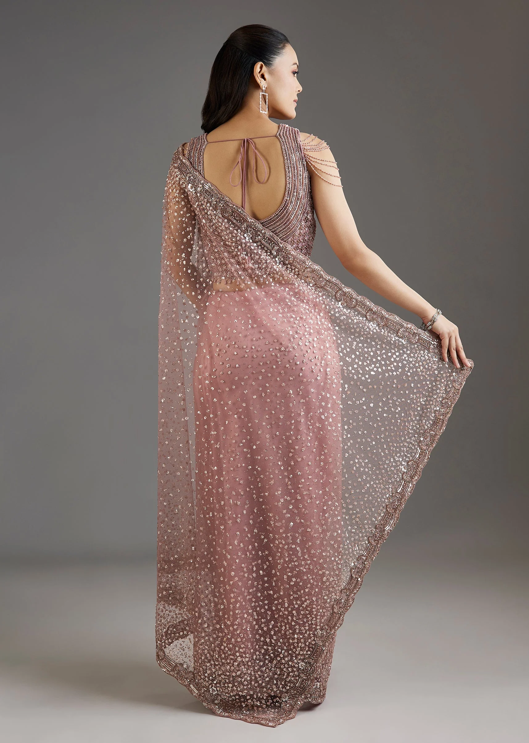 Mauve Net Embellished Saree With Sequins Blouse - Image 4