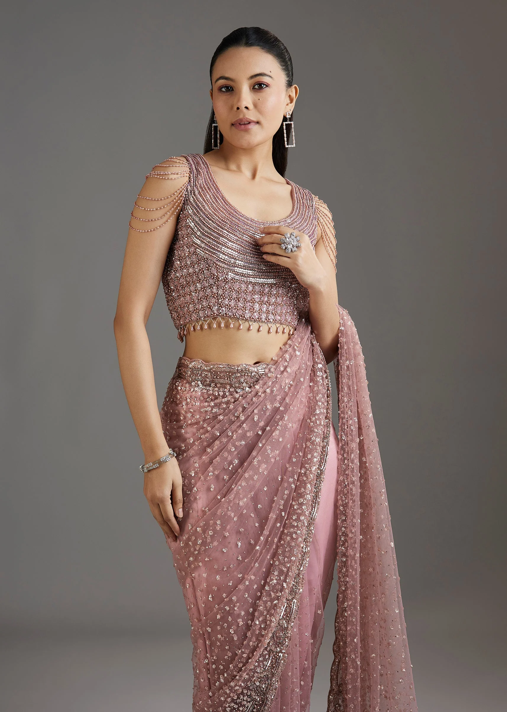 Mauve Net Embellished Saree With Sequins Blouse - Image 5