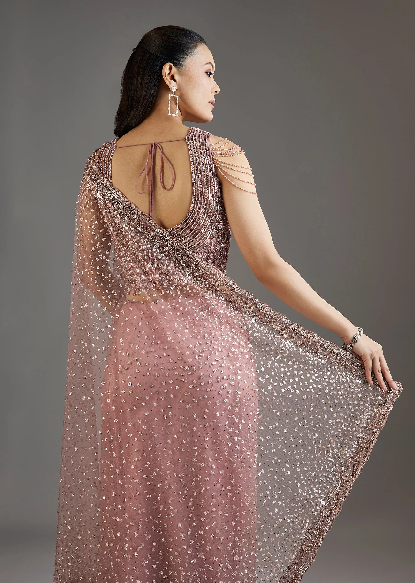 Mauve Net Embellished Saree With Sequins Blouse - Image 6