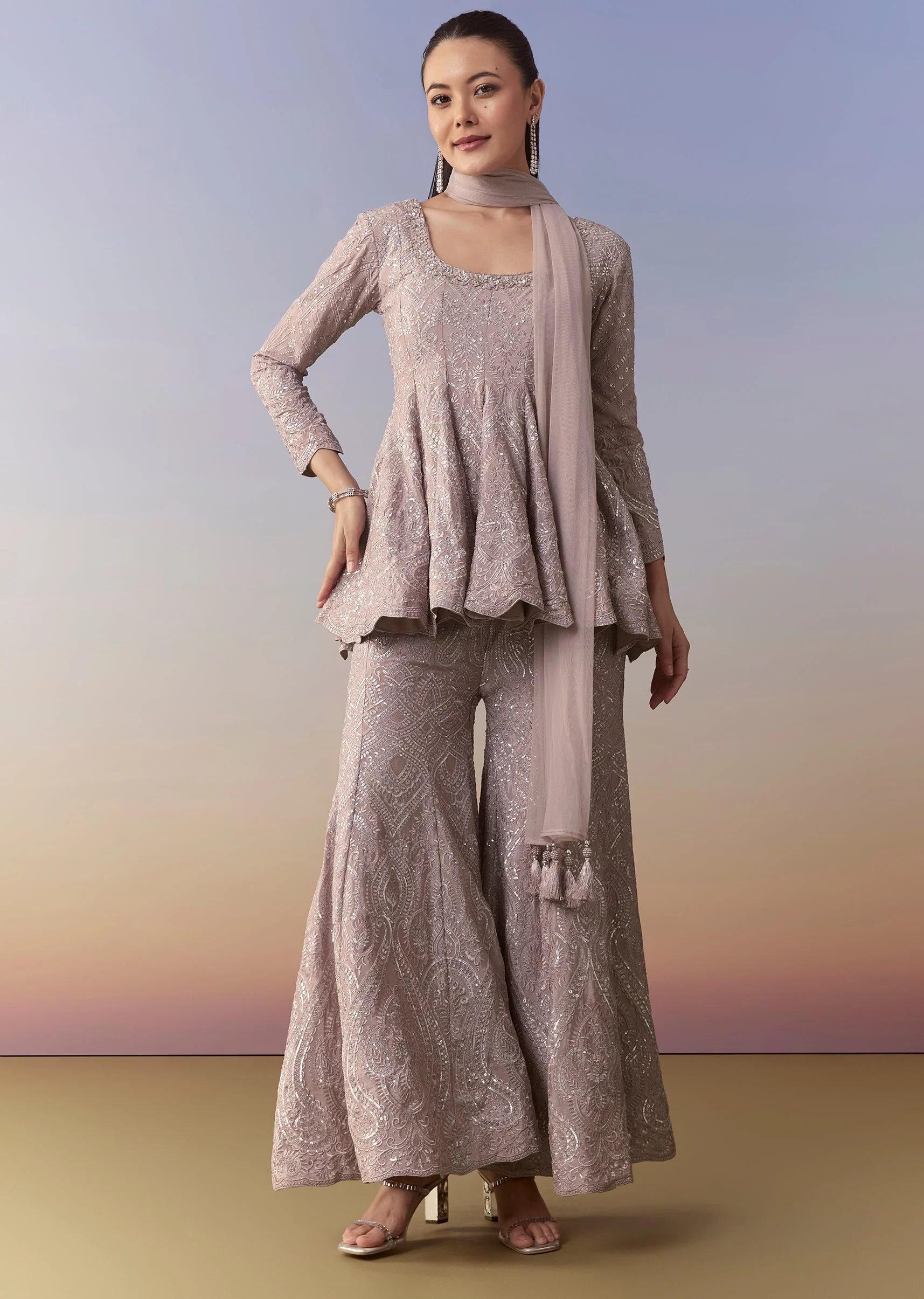 Mauve Peplum Kurta Palazzo Set - Image 3