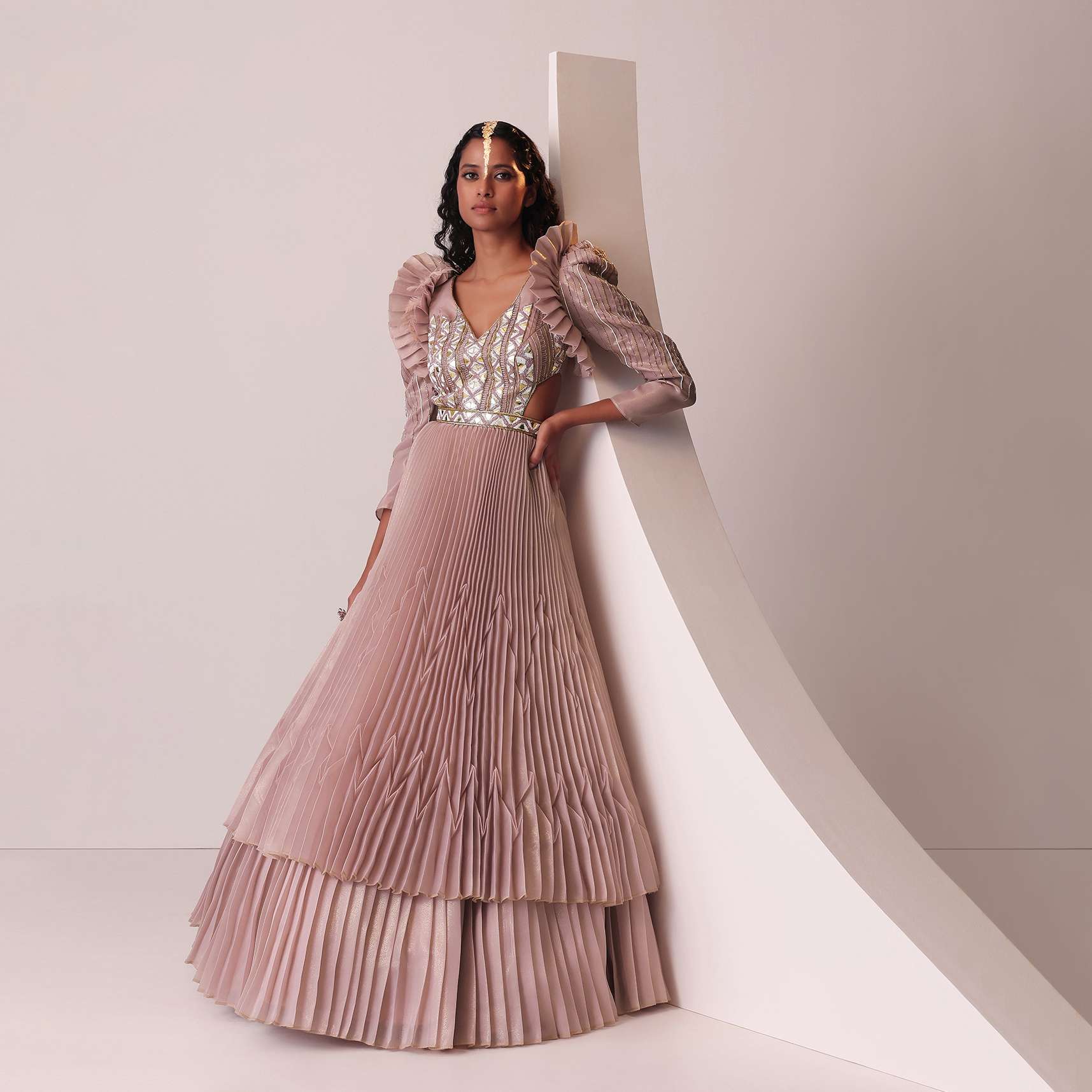Mauve Pink Tiered Embroidered Gown In Organza With Frill Shoulder-Tops - Image 3