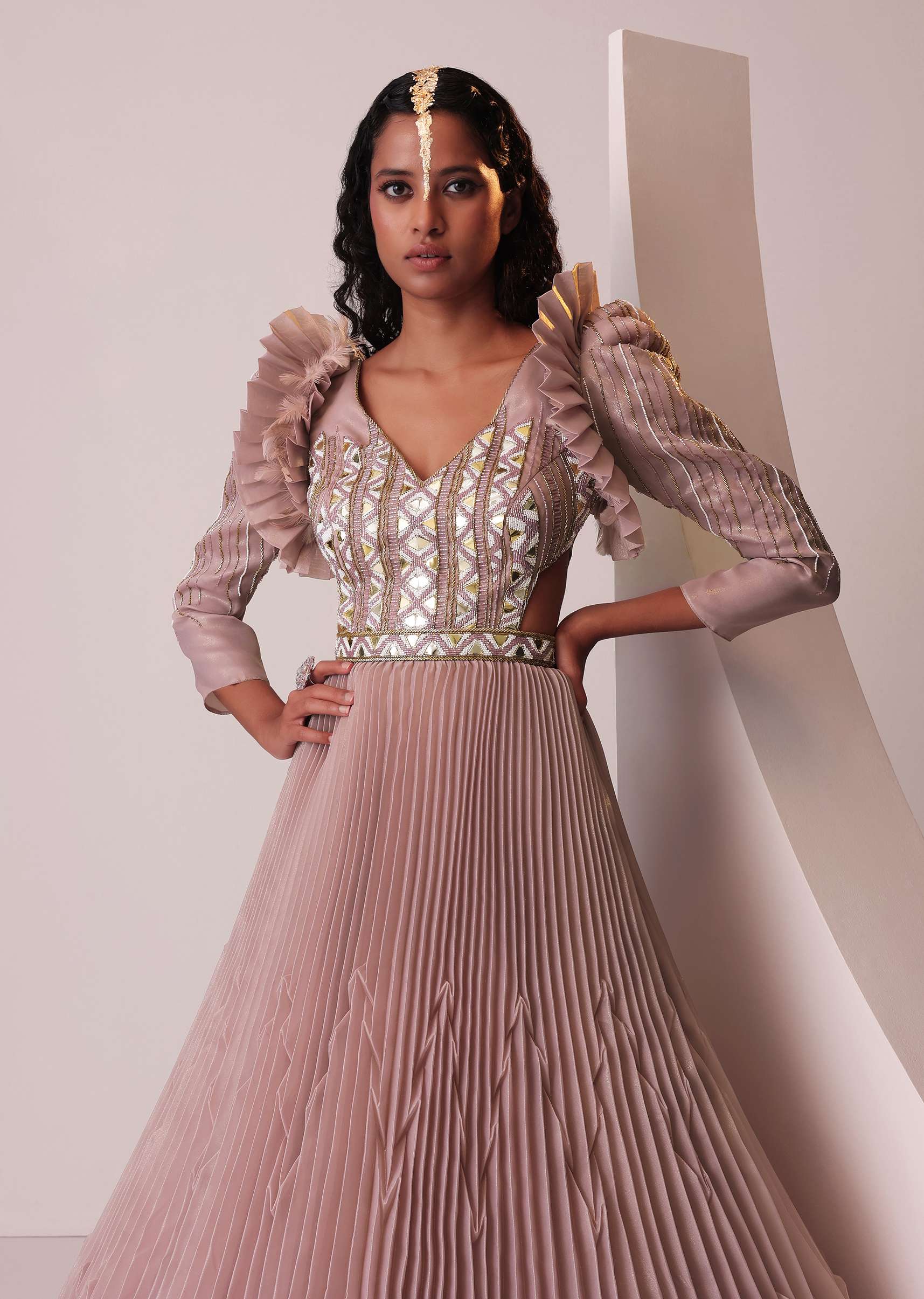 Mauve Pink Tiered Embroidered Gown In Organza With Frill Shoulder-Tops - Image 4
