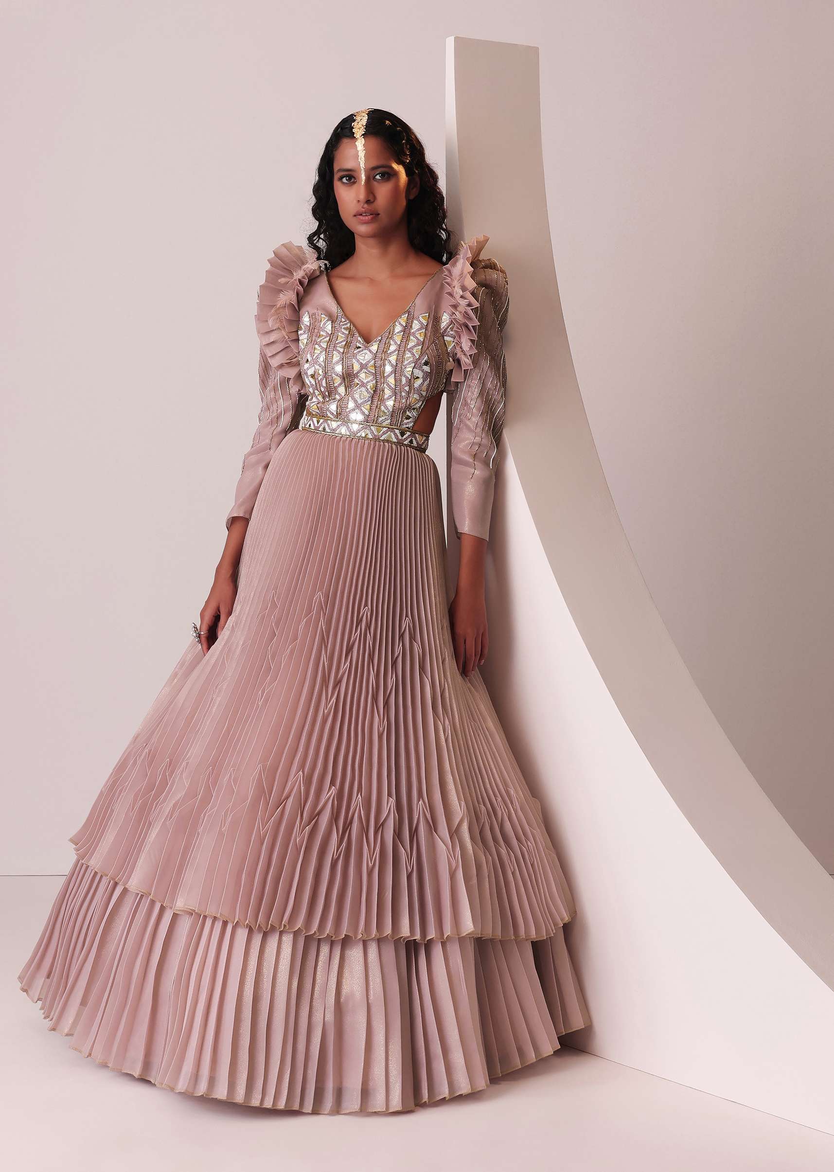 Mauve Pink Tiered Embroidered Gown In Organza With Frill Shoulder-Tops - Image 5