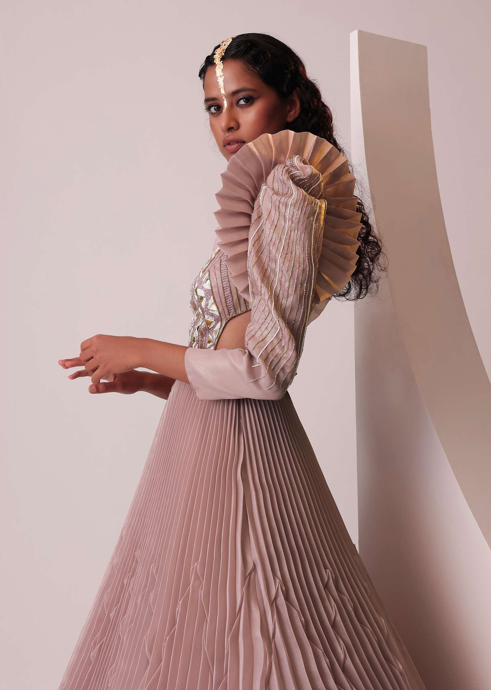 Mauve Pink Tiered Embroidered Gown In Organza With Frill Shoulder-Tops - Image 6