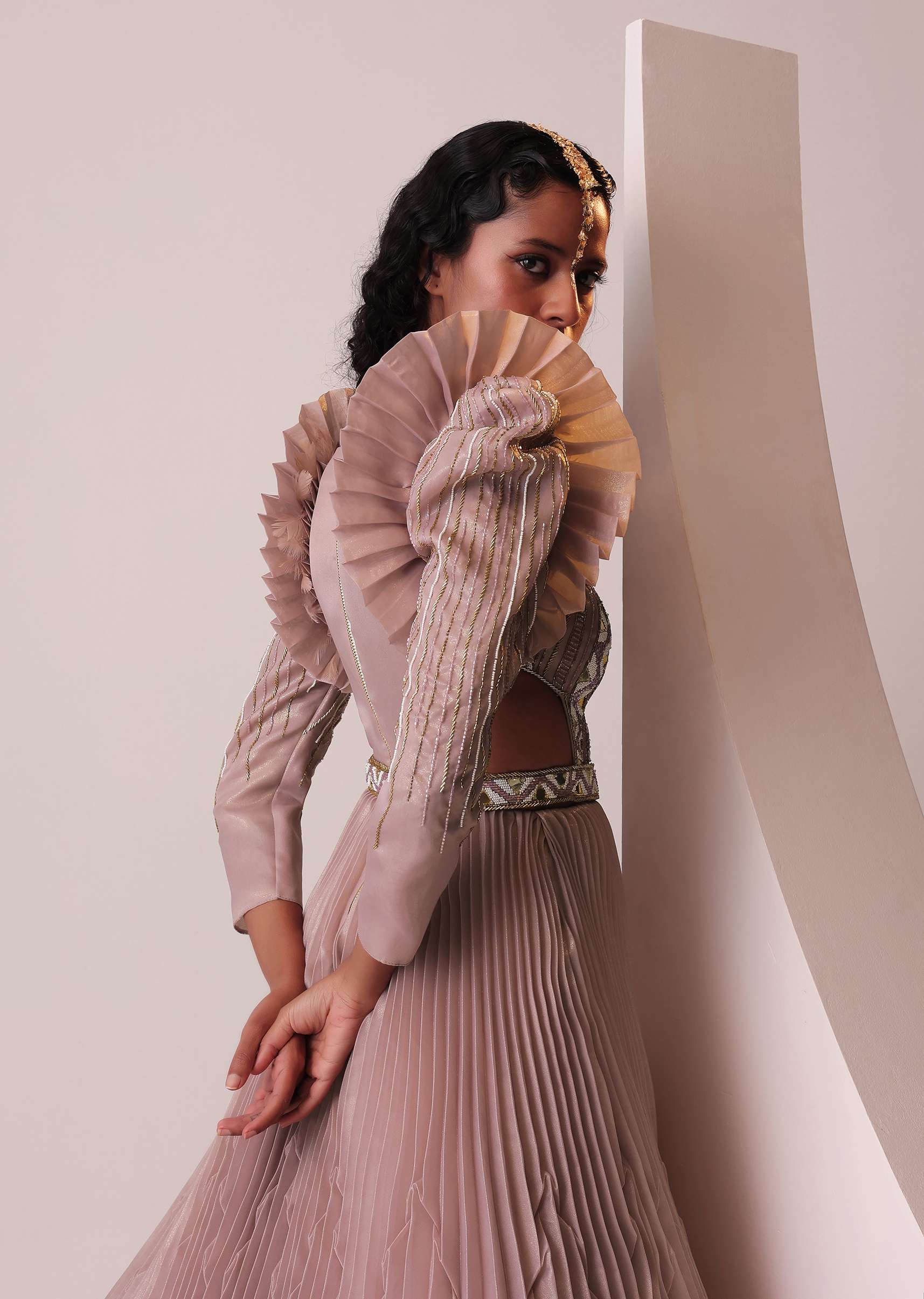 Mauve Pink Tiered Embroidered Gown In Organza With Frill Shoulder-Tops - Image 7