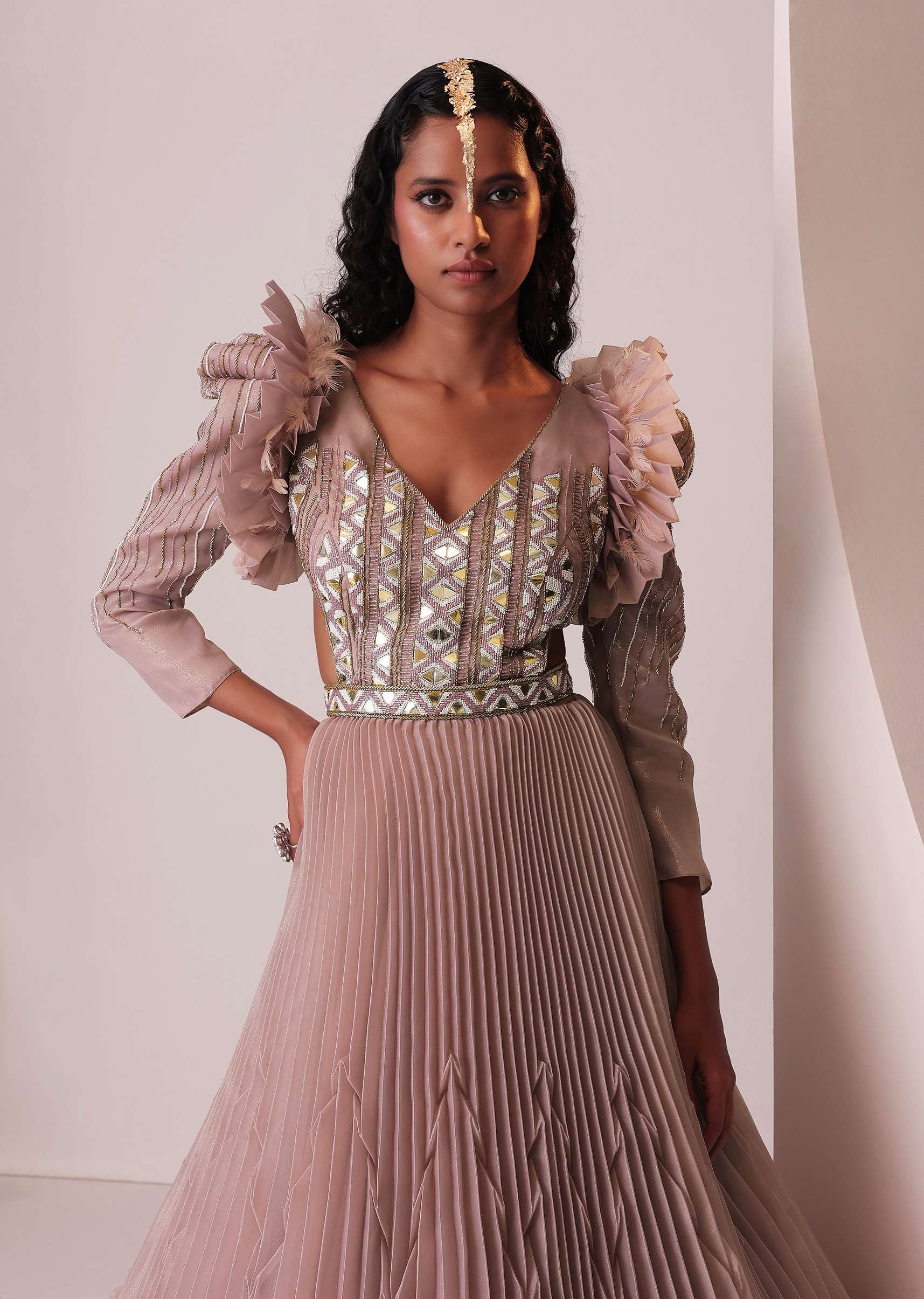 Mauve Pink Tiered Embroidered Gown In Organza With Frill Shoulder-Tops - Image 8