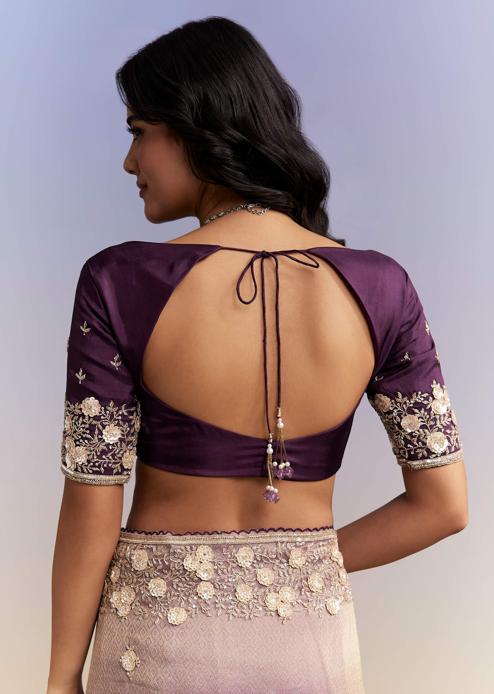 Mauve Purple Jacquard Tissue Saree With Heavy Hand Embroidery - Image 8