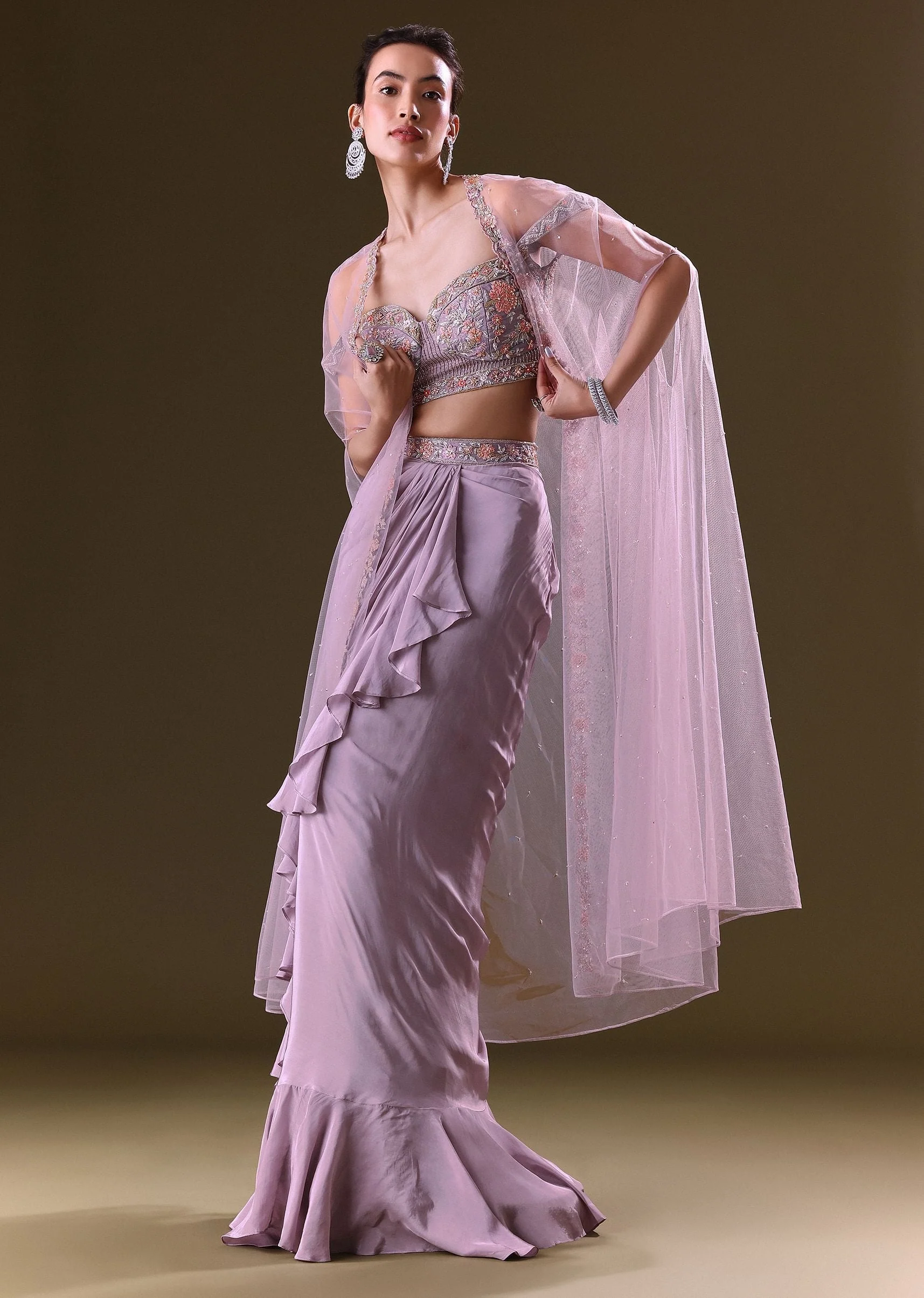 Mauve Ruffled Drape Skirt With Embroidered Blouse And Net Cape - Image 3