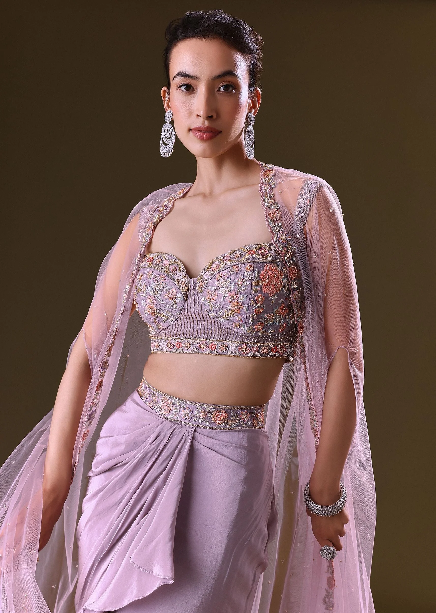 Mauve Ruffled Drape Skirt With Embroidered Blouse And Net Cape - Image 4