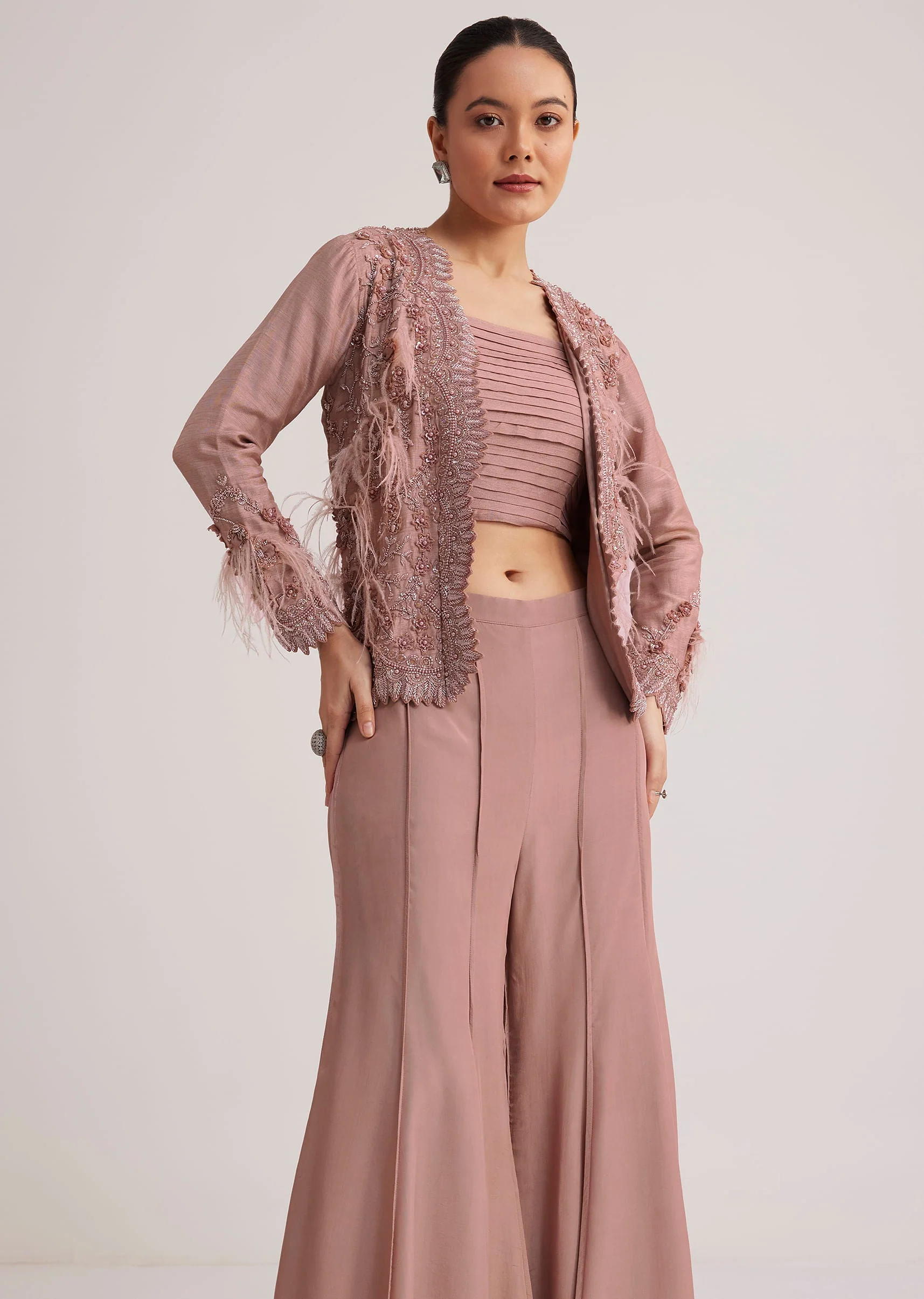 Mauve Satin Palazzo Set With Embellished Jacket - Image 2