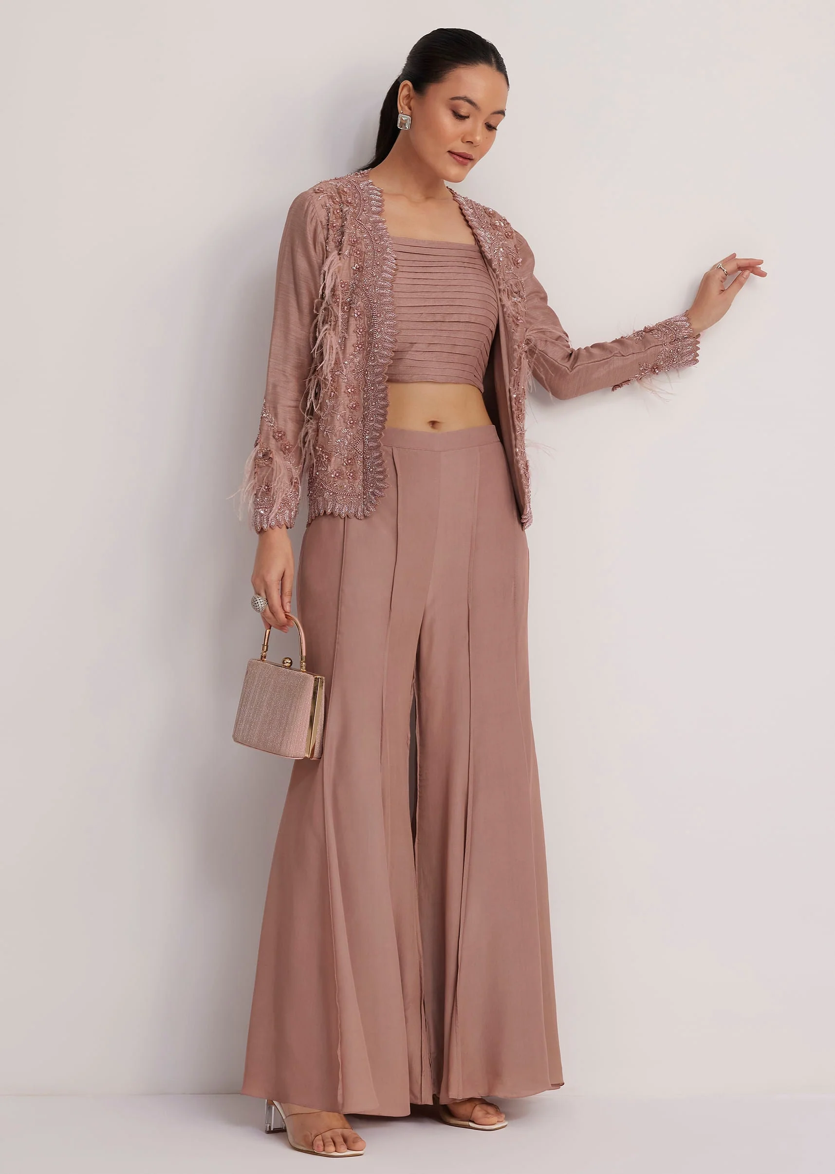 Mauve Satin Palazzo Set With Embellished Jacket - Image 3