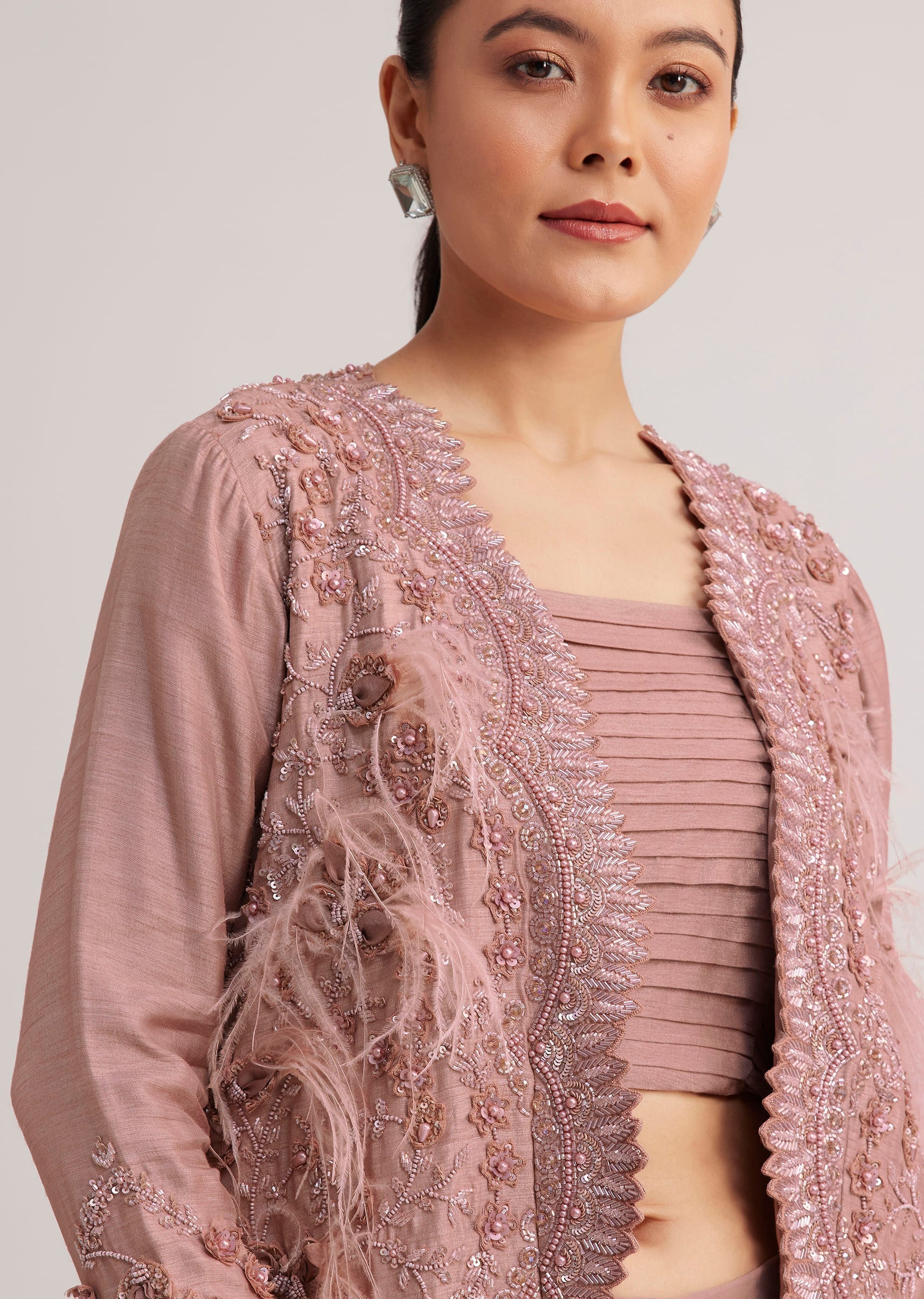 Mauve Satin Palazzo Set With Embellished Jacket - Image 4
