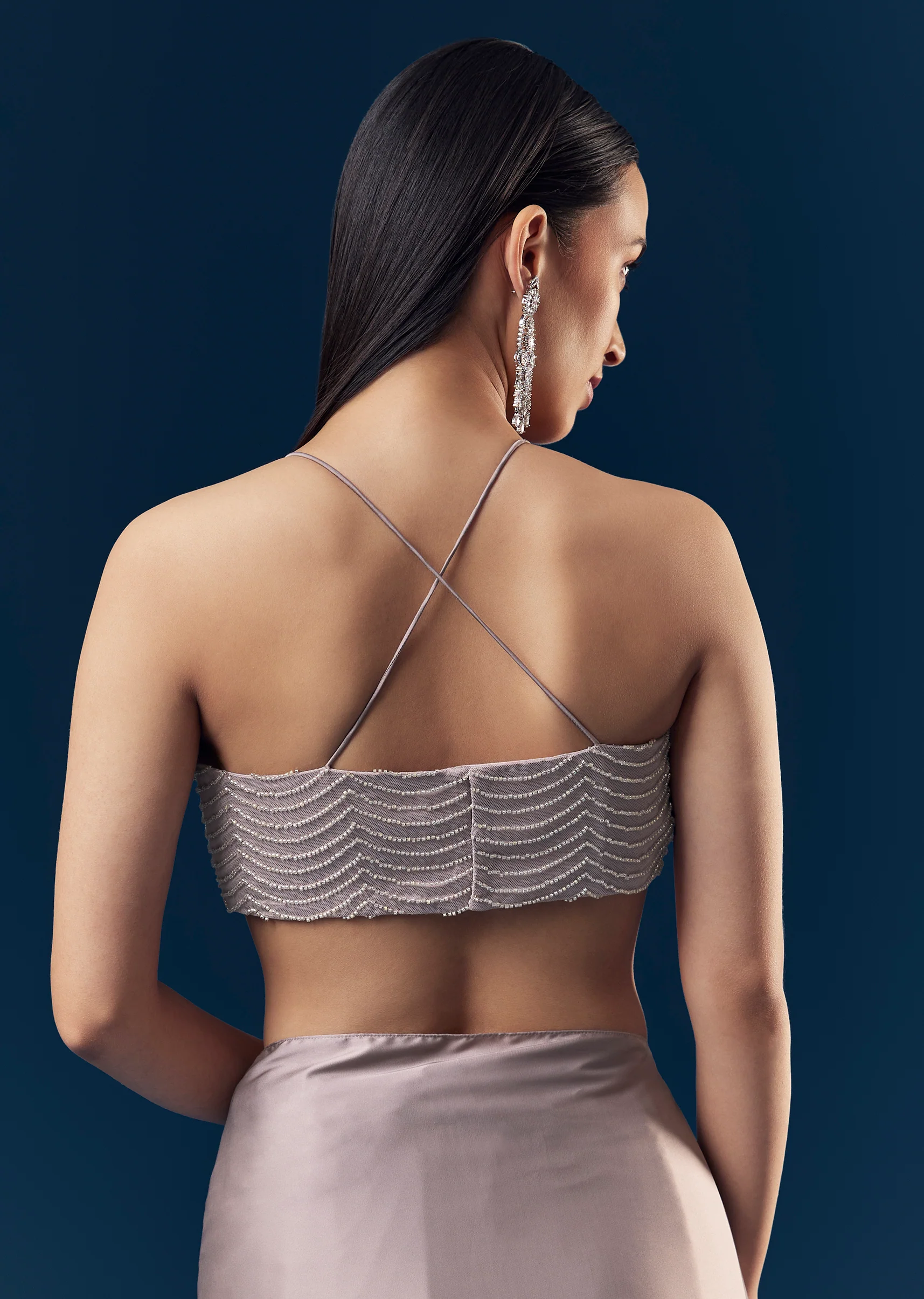 Mauve Satin Plain Saree With Cut Dana Embellished Halter Neck Blouse - Image 8