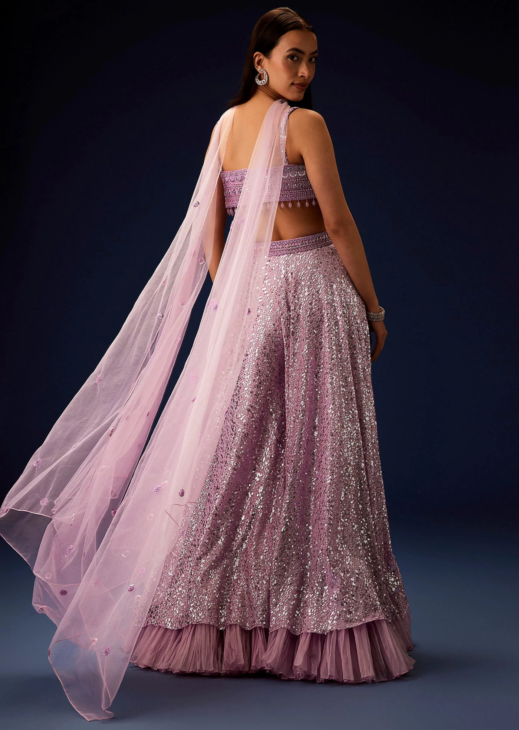 Mauve Sequence Double Layer Skirt Dupatta Set With Hand Embroidered Blouse - Image 5