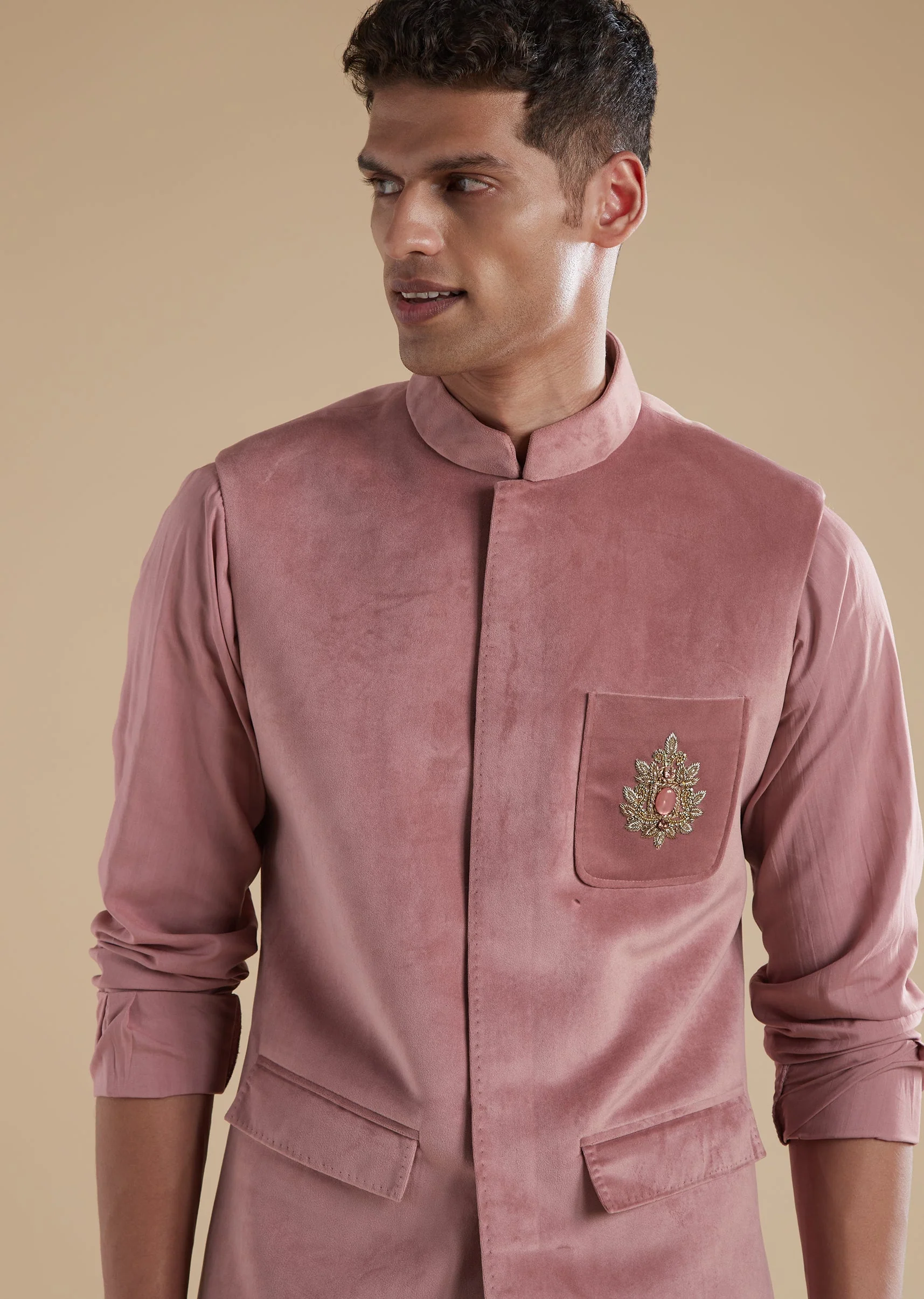 Mauve Suede Jodhpuri Set With Stone Zardosi Work - Image 2