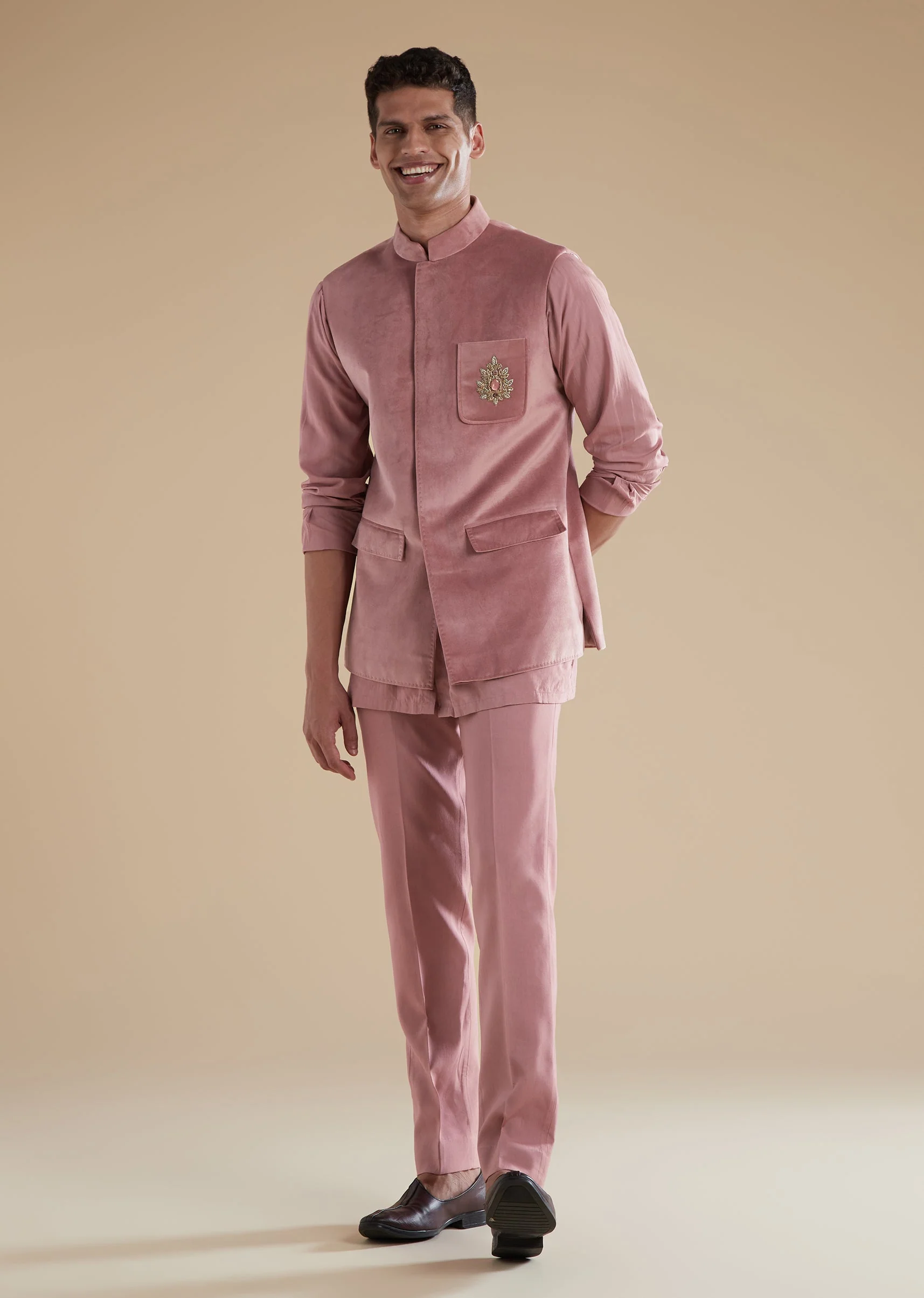 Mauve Suede Jodhpuri Set With Stone Zardosi Work - Image 3