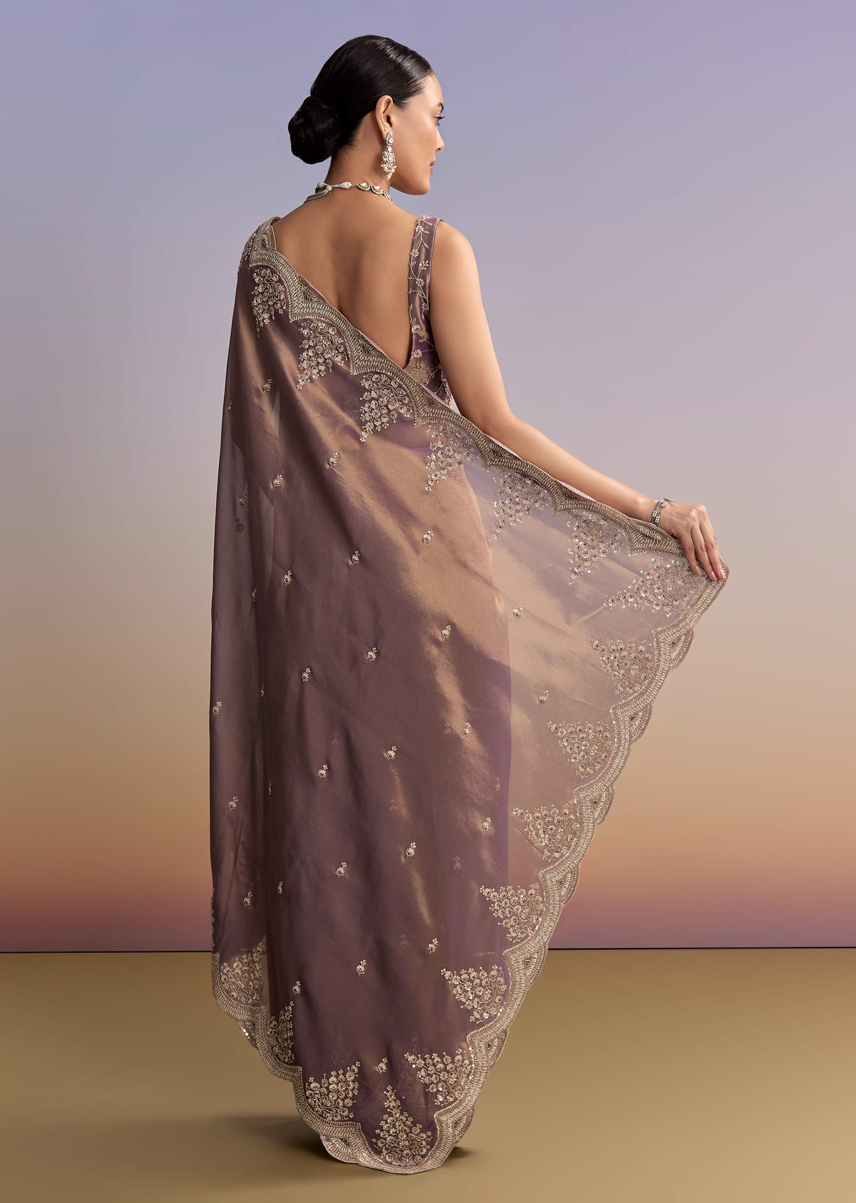 Mauve Tissue Embroidered Saree With Sequin And Stone Work - Image 4