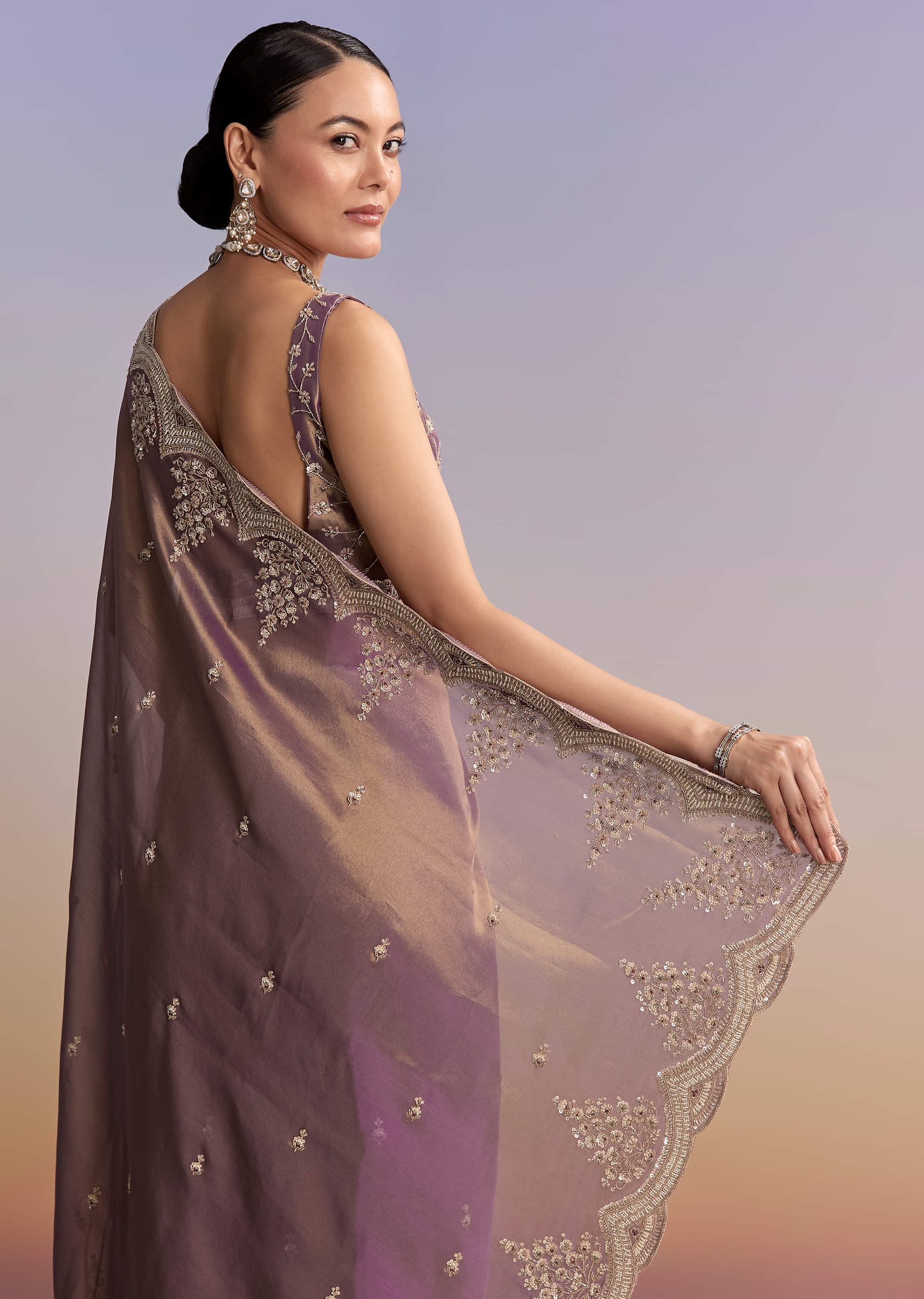 Mauve Tissue Embroidered Saree With Sequin And Stone Work - Image 6