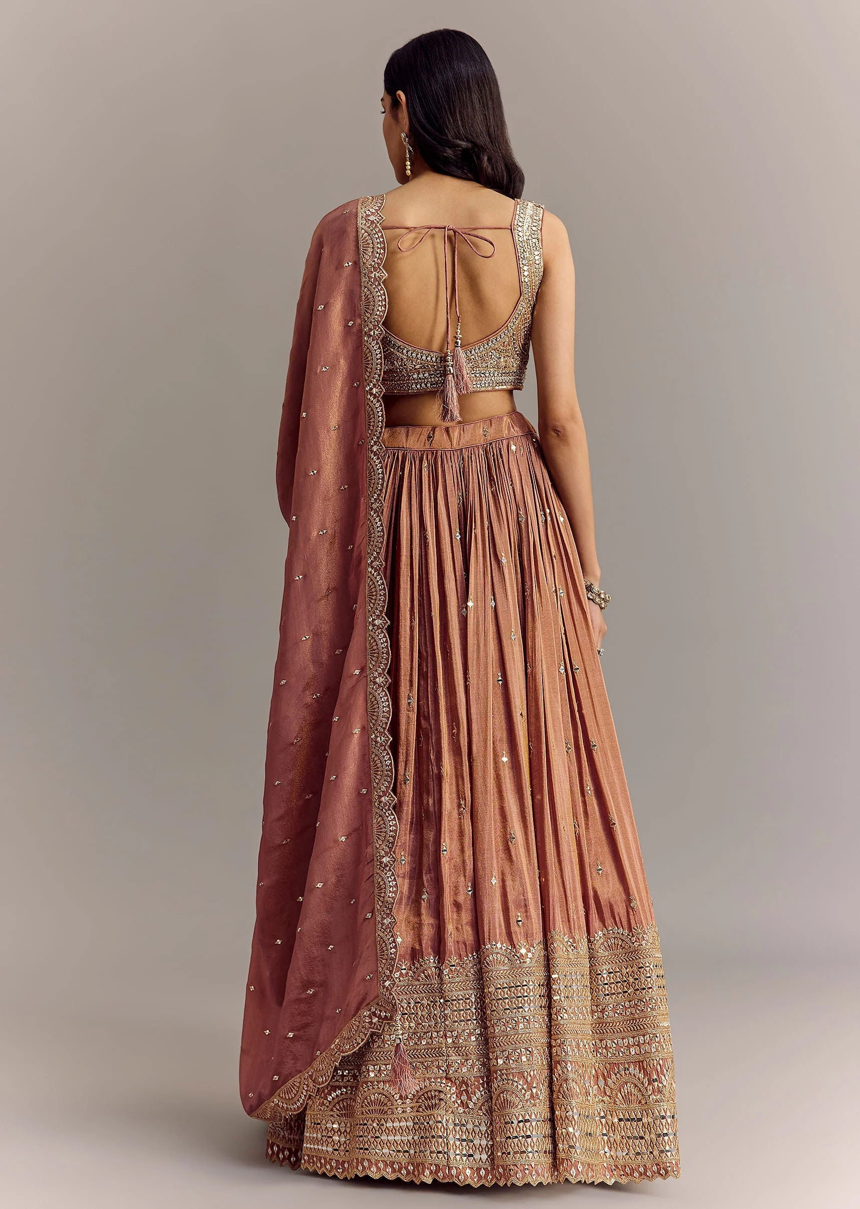 Mauve Tissue Lehenga Set With Embroidered Choli And Dupatta - Image 5