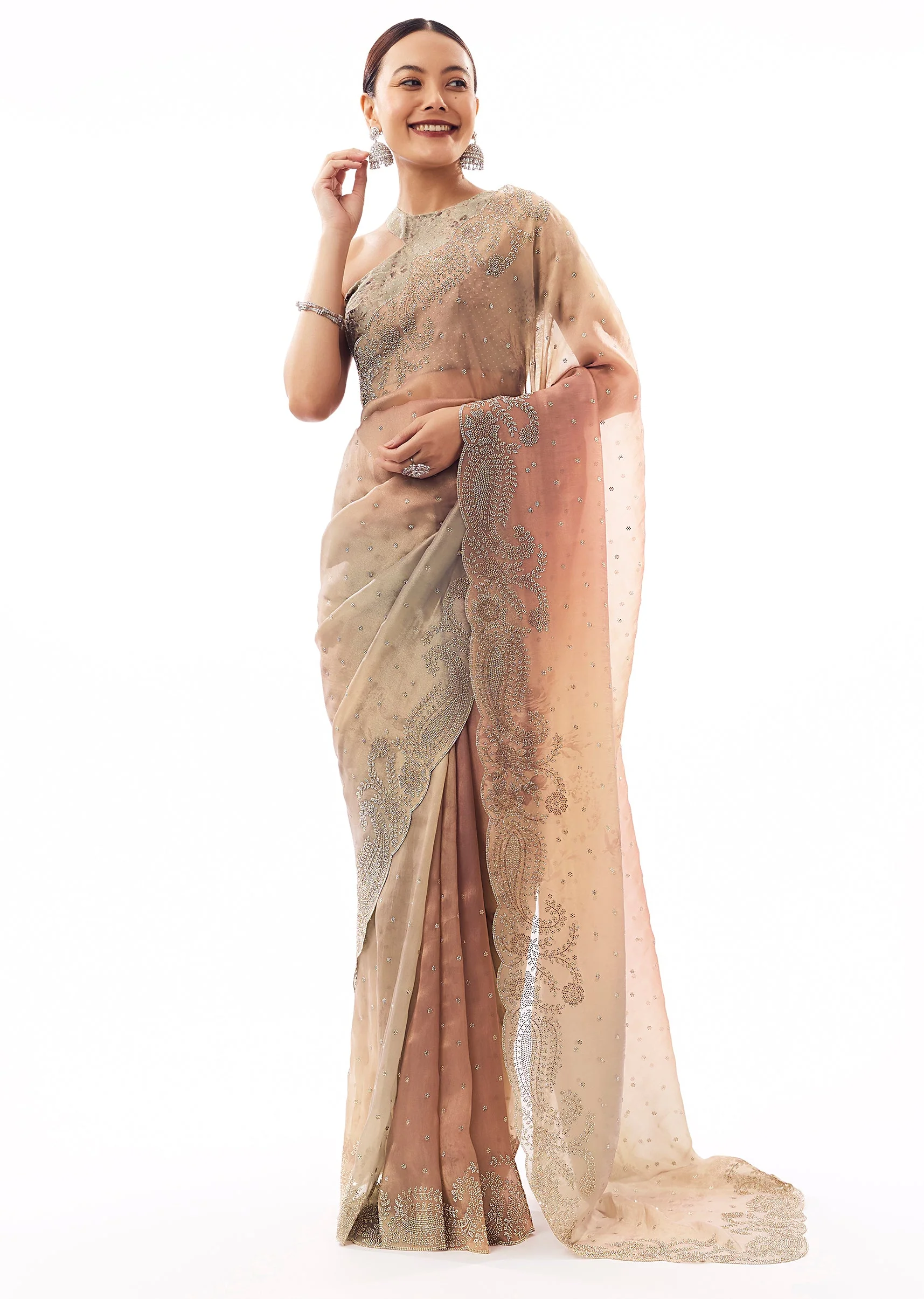 Mauve Tissue Organza Stone Embellished Saree - Image 3
