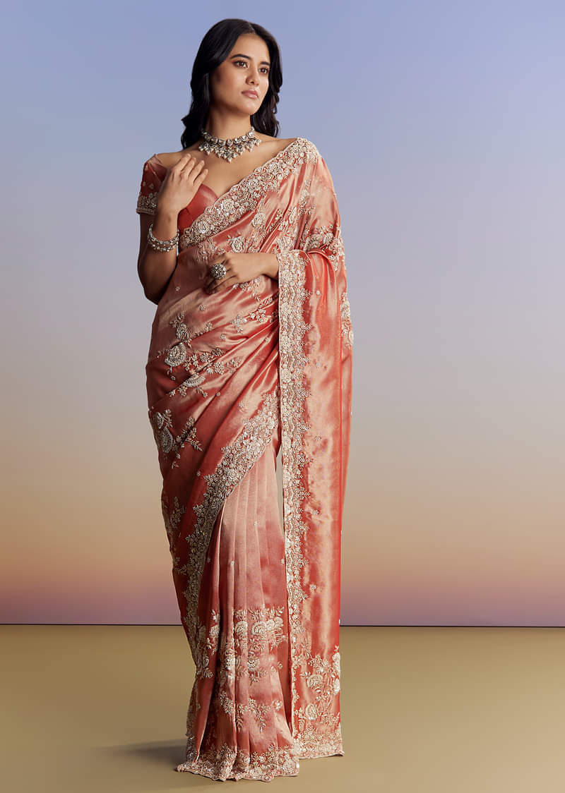 Mauve Tissue Saree With Scallop Border And Bead Embroidery - Image 3