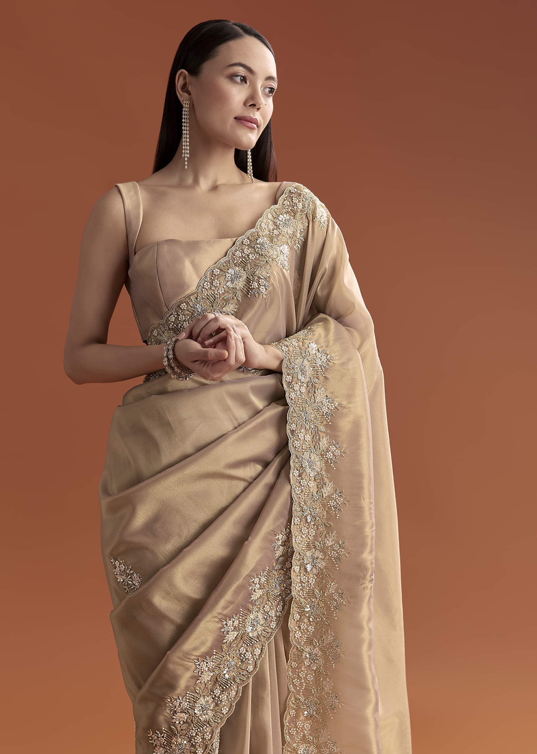 Mauve Tissue Saree With Scallop Border And Stone Embroidery - Image 4
