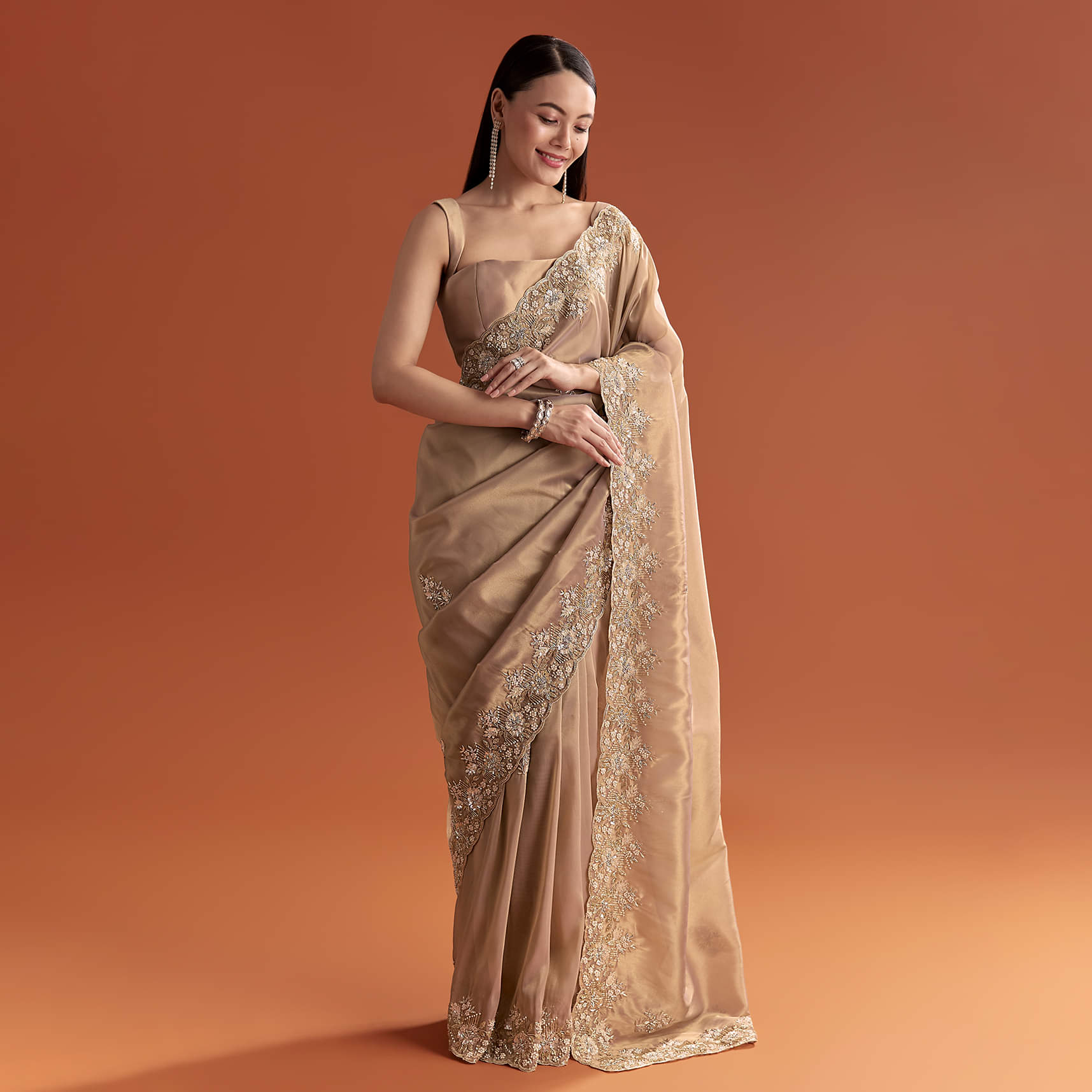 Mauve Tissue Saree With Scallop Border And Stone Embroidery - Image 9