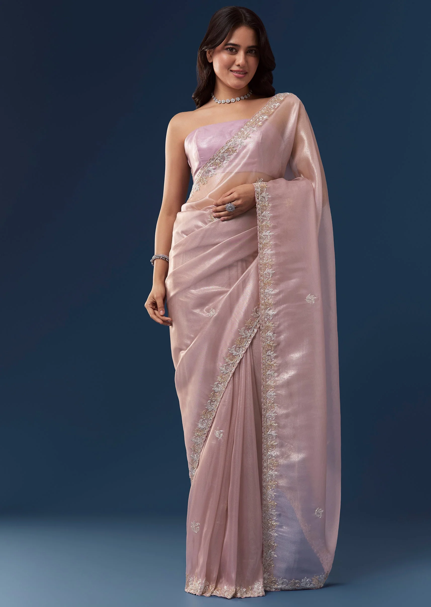 Mauve Tissue Saree With Scallop Embroidered Border And Butti Work - Image 3