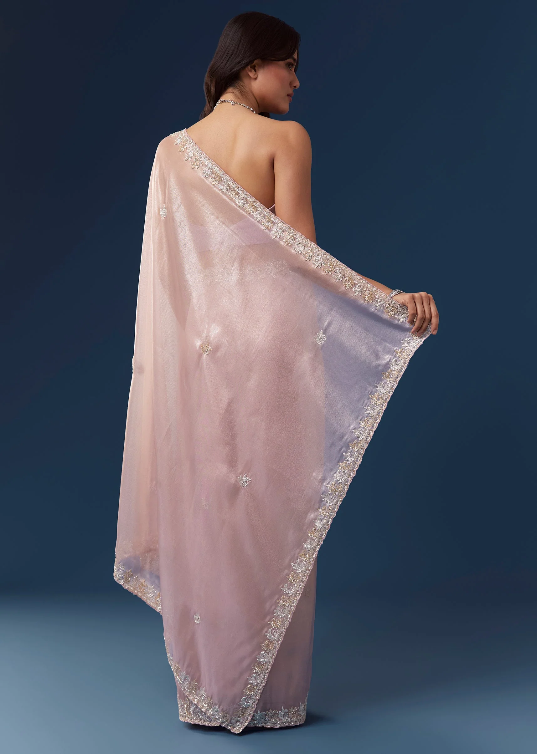 Mauve Tissue Saree With Scallop Embroidered Border And Butti Work - Image 4