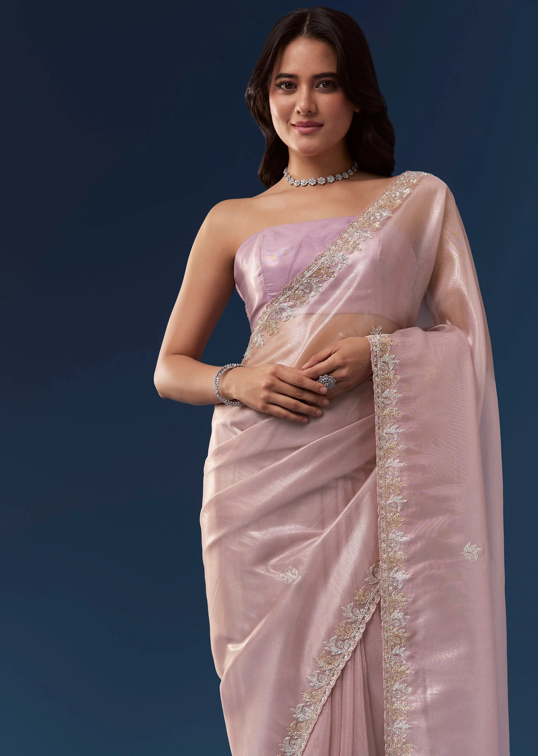 Mauve Tissue Saree With Scallop Embroidered Border And Butti Work - Image 5
