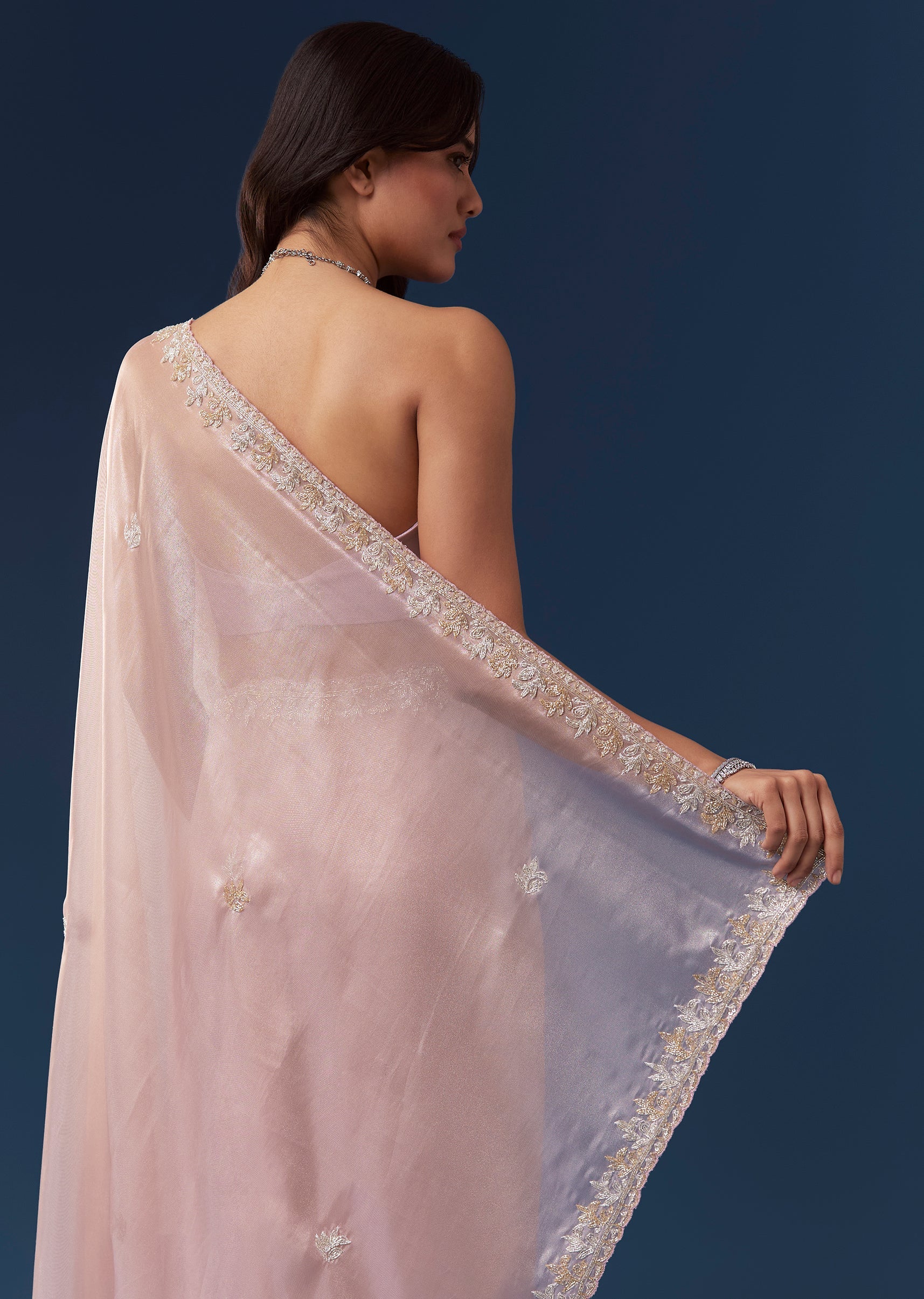 Mauve Tissue Saree With Scallop Embroidered Border And Butti Work - Image 6