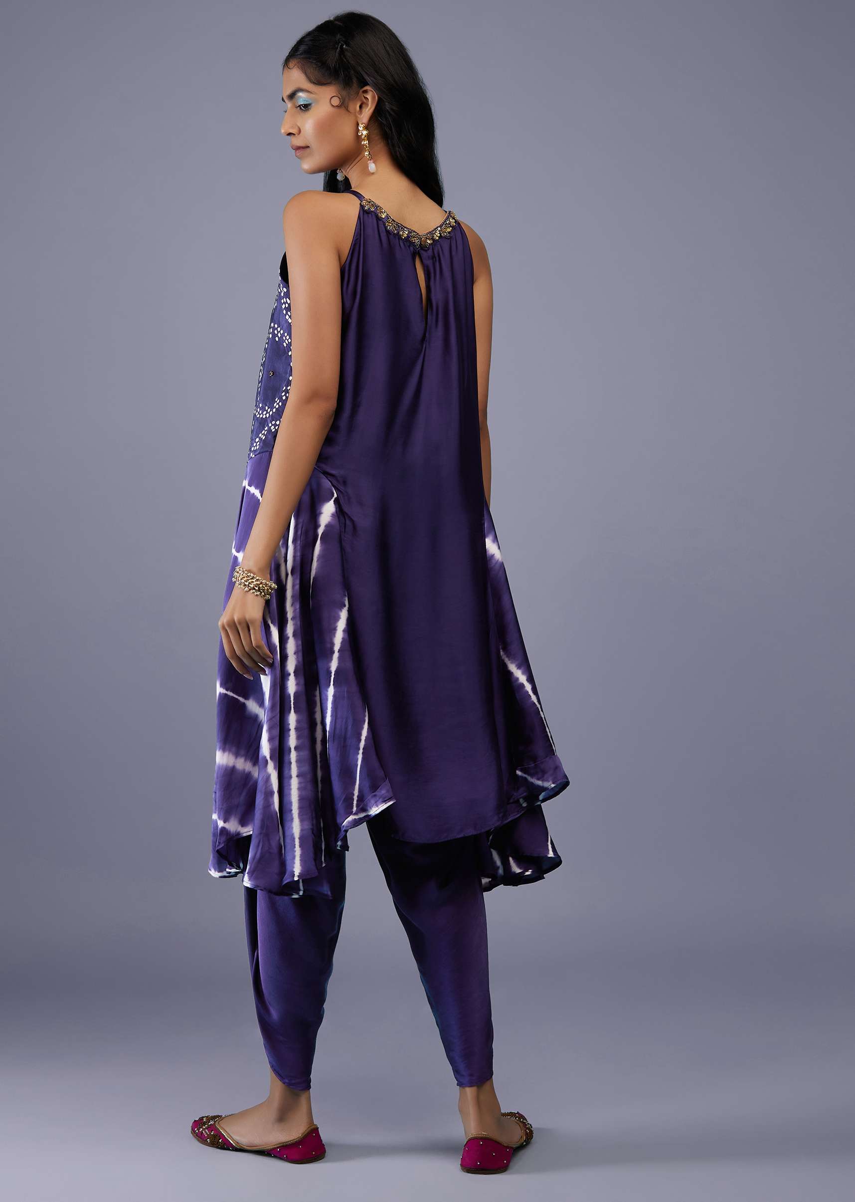 Midnight Blue Silk Bandhani Top With Tie-Dye Side Panel And Silk Dhoti Pants - Image 5