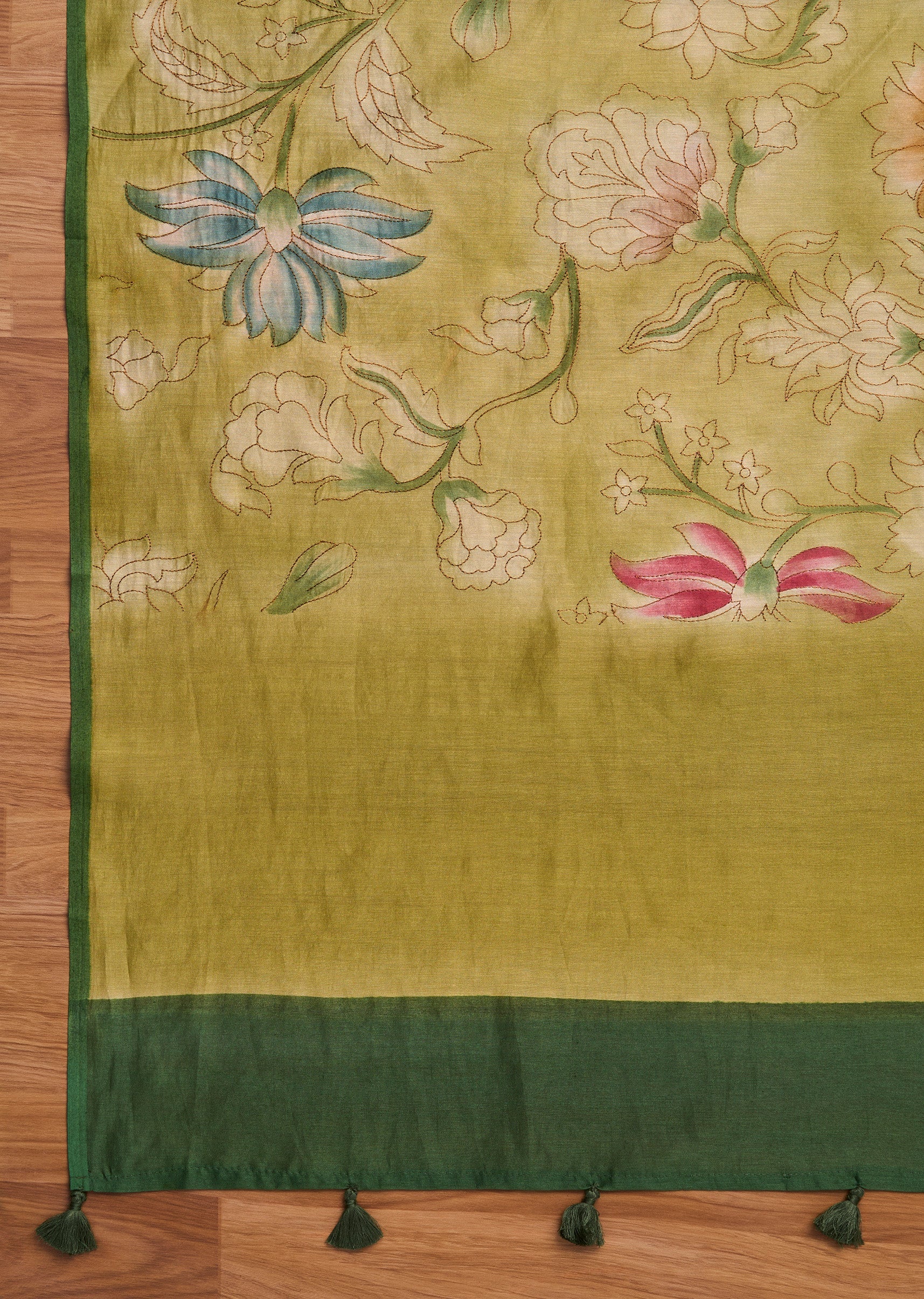 Mehendi Green Chanderi Embroidered Unstitched Suit Set - Image 4