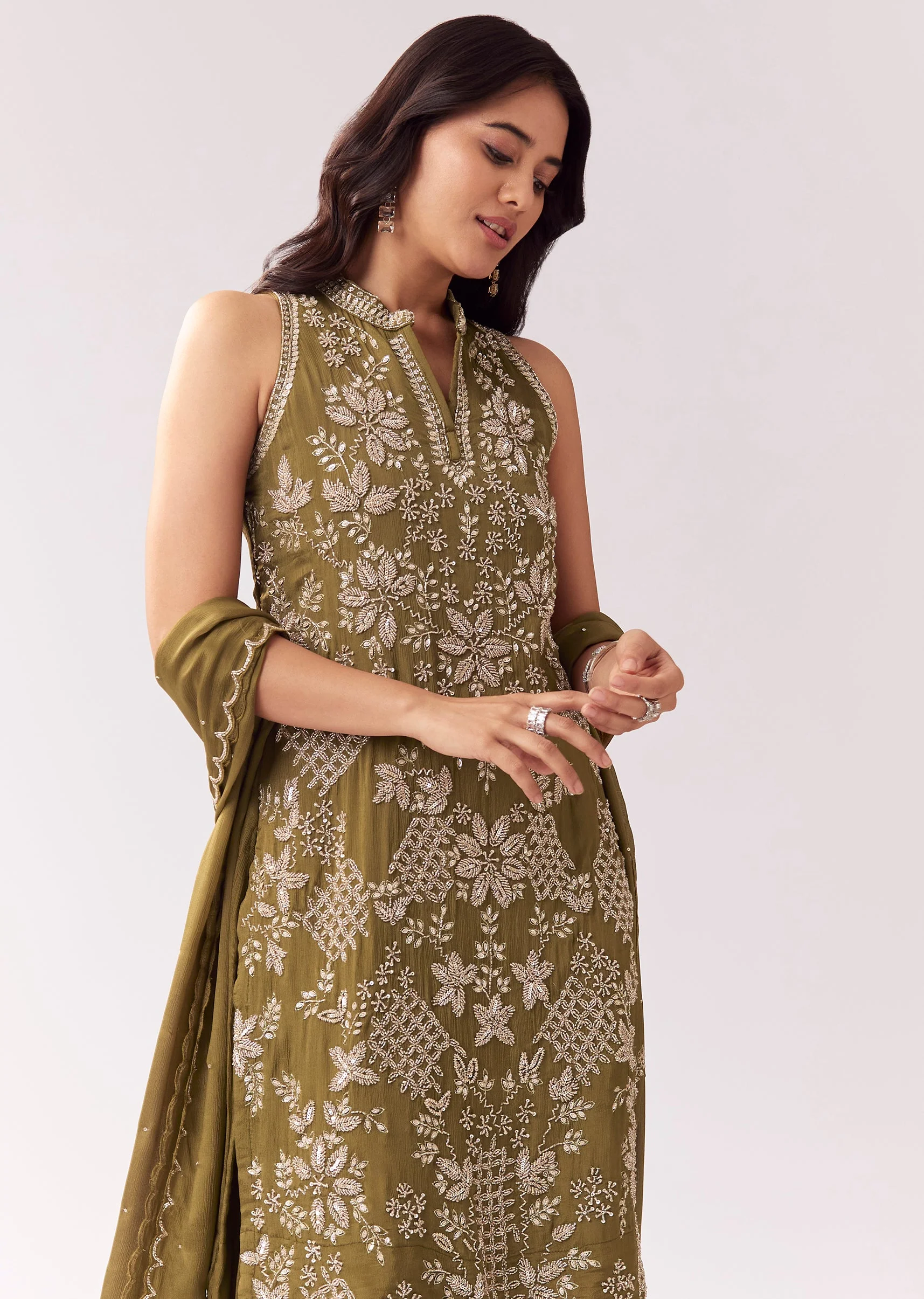 Mehendi Green Chinon Palazzo Suit With Beadwork - Image 4