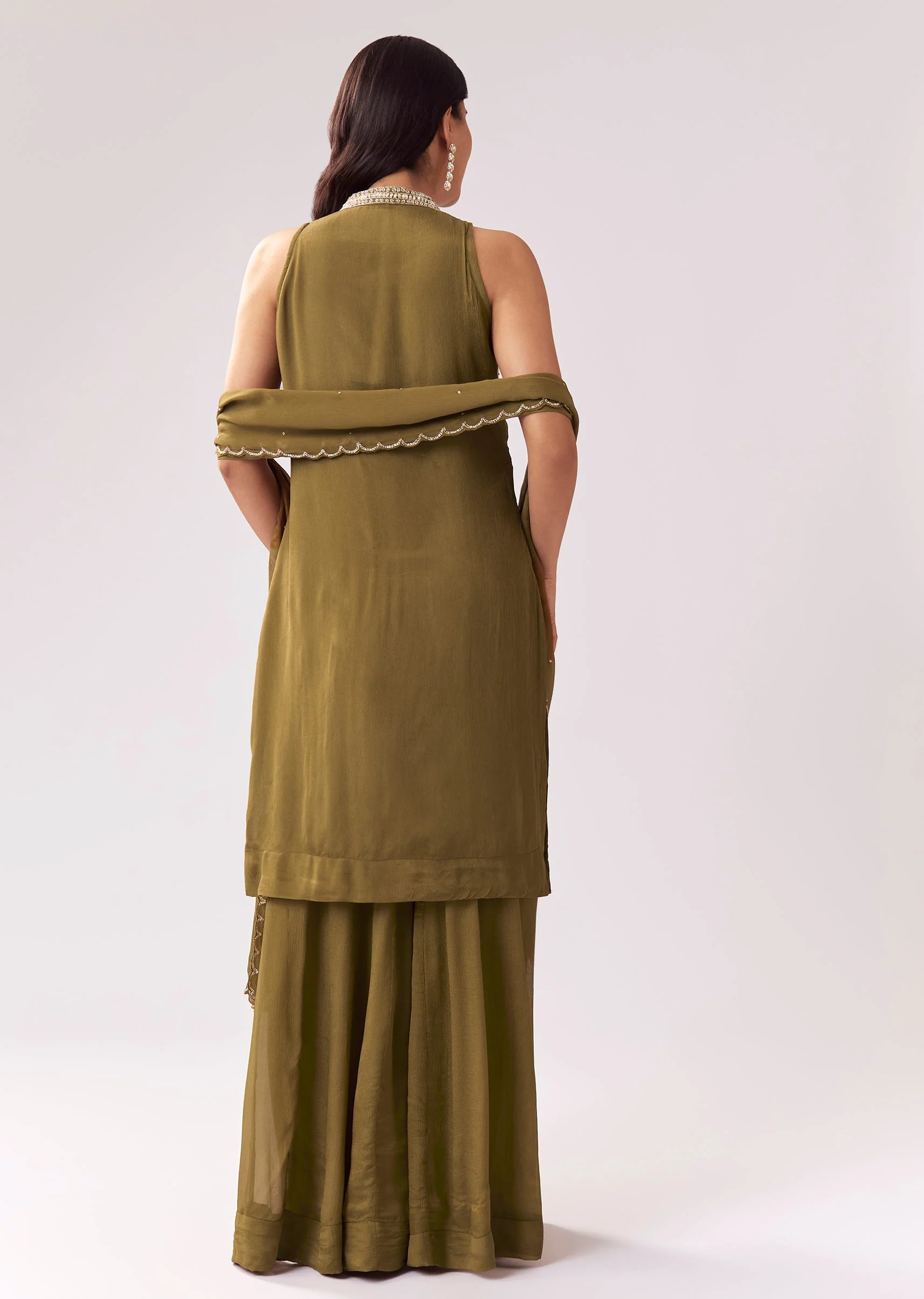 Mehendi Green Chinon Palazzo Suit With Beadwork - Image 5