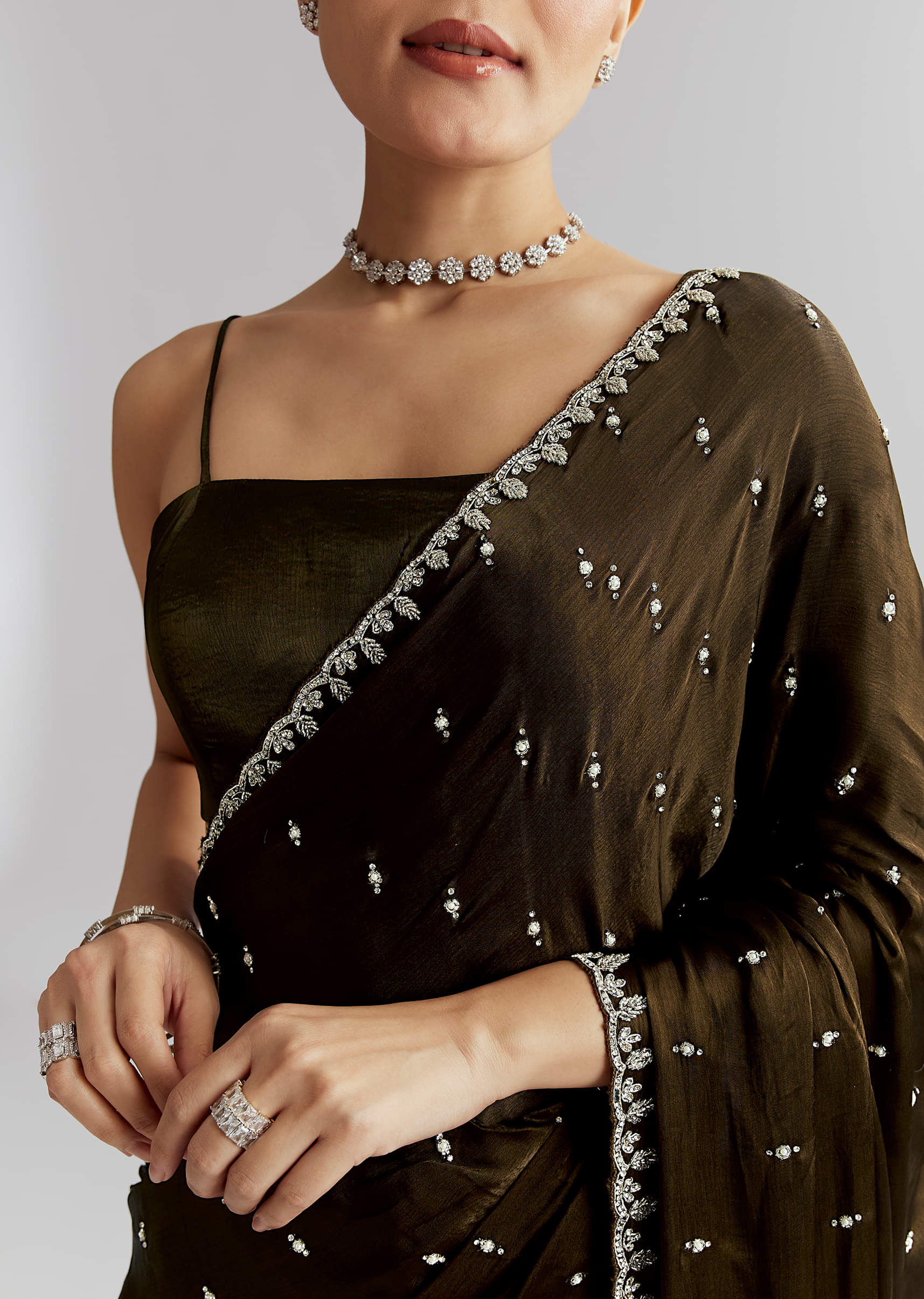 Mehendi Green Chinon Saree With Heavy Hand Embroidery - Image 5