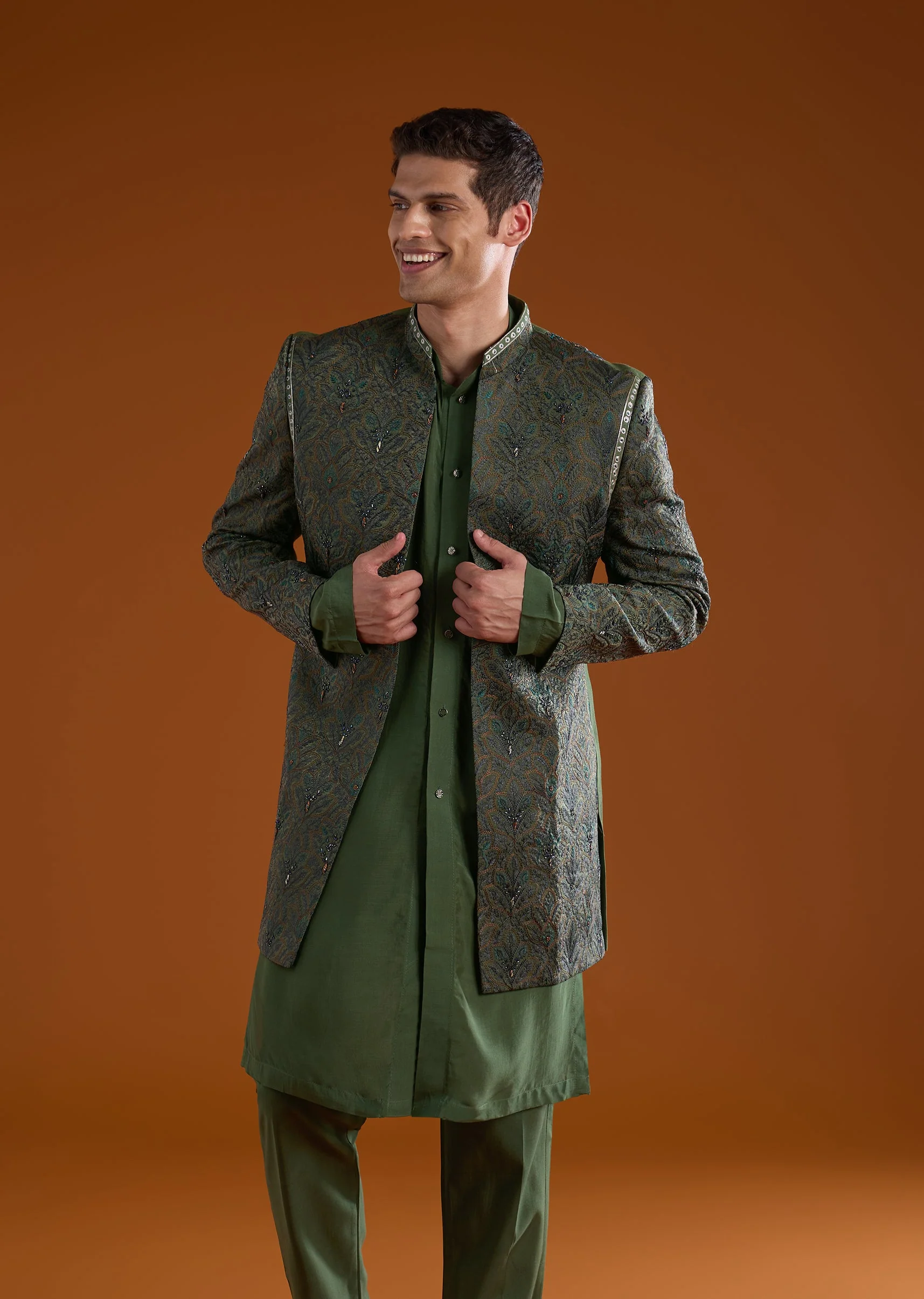 Mehendi Green Contemporary Duo – Embroidered Jumpsuit For Her And Muslin Jacket Kurta Set For Him - Image 10