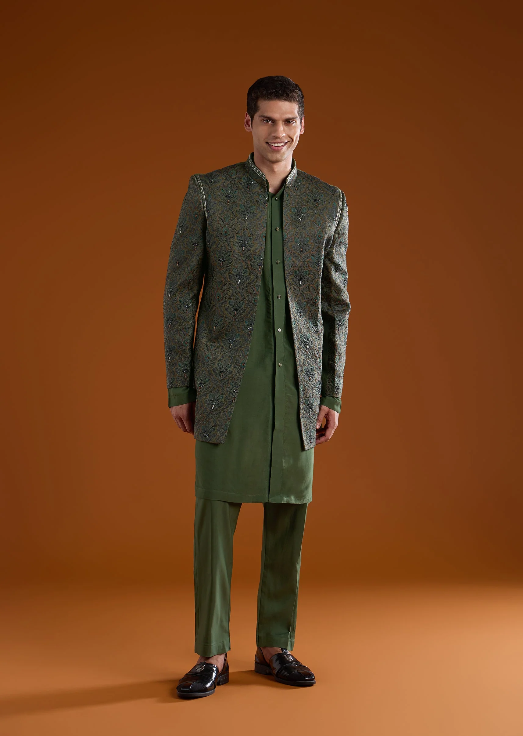 Mehendi Green Contemporary Duo – Embroidered Jumpsuit For Her And Muslin Jacket Kurta Set For Him - Image 11