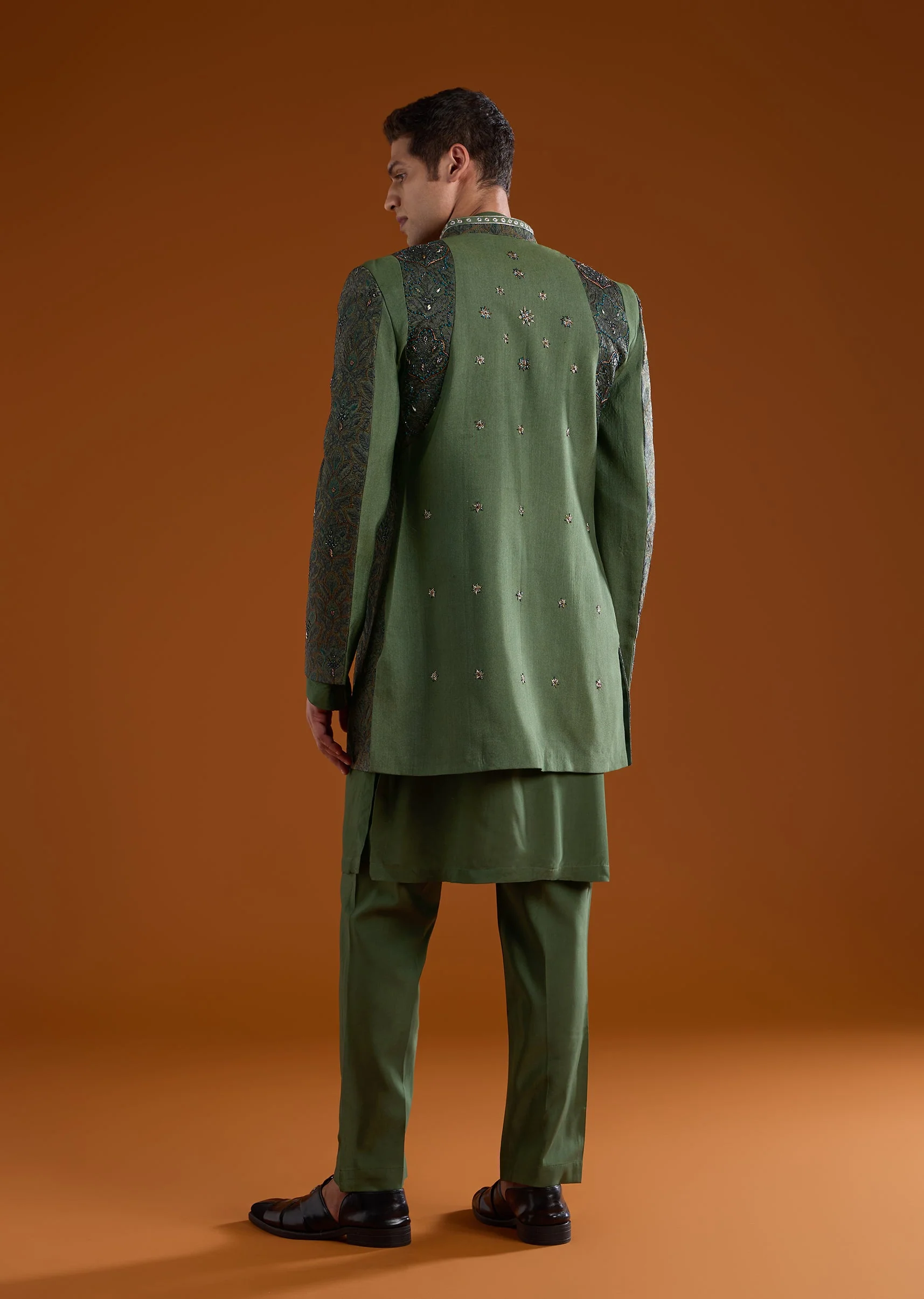 Mehendi Green Contemporary Duo – Embroidered Jumpsuit For Her And Muslin Jacket Kurta Set For Him - Image 12